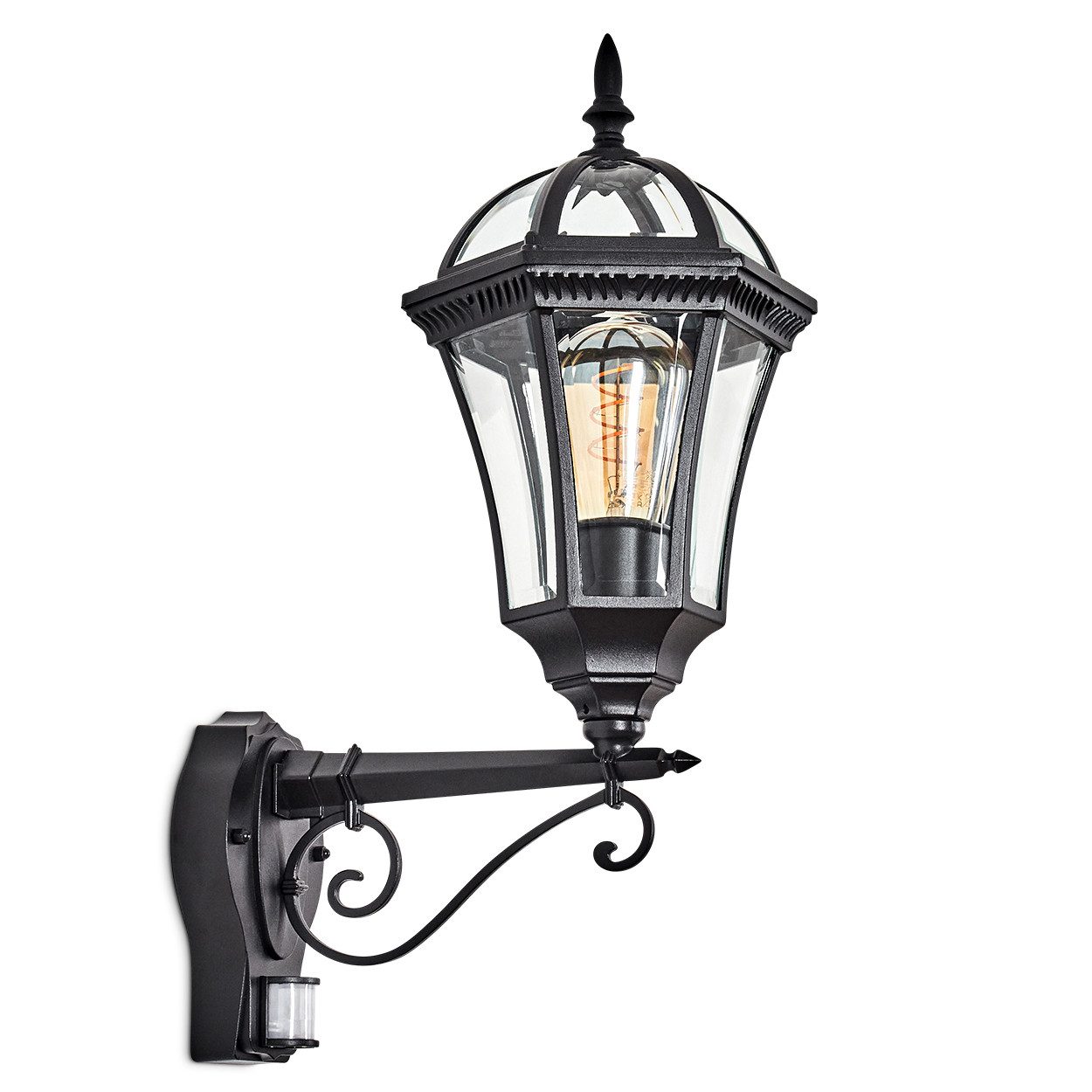 hofstein Außen-Wandleuchte Außenwandlampe mit Bewegungsmelder aus Metall/Glas in Schwarz/Klar, ohne Leuchtmittel, Außenwandleuchte im Retro/Vintage/Antik/Landhaus-Design, E27, IP44
