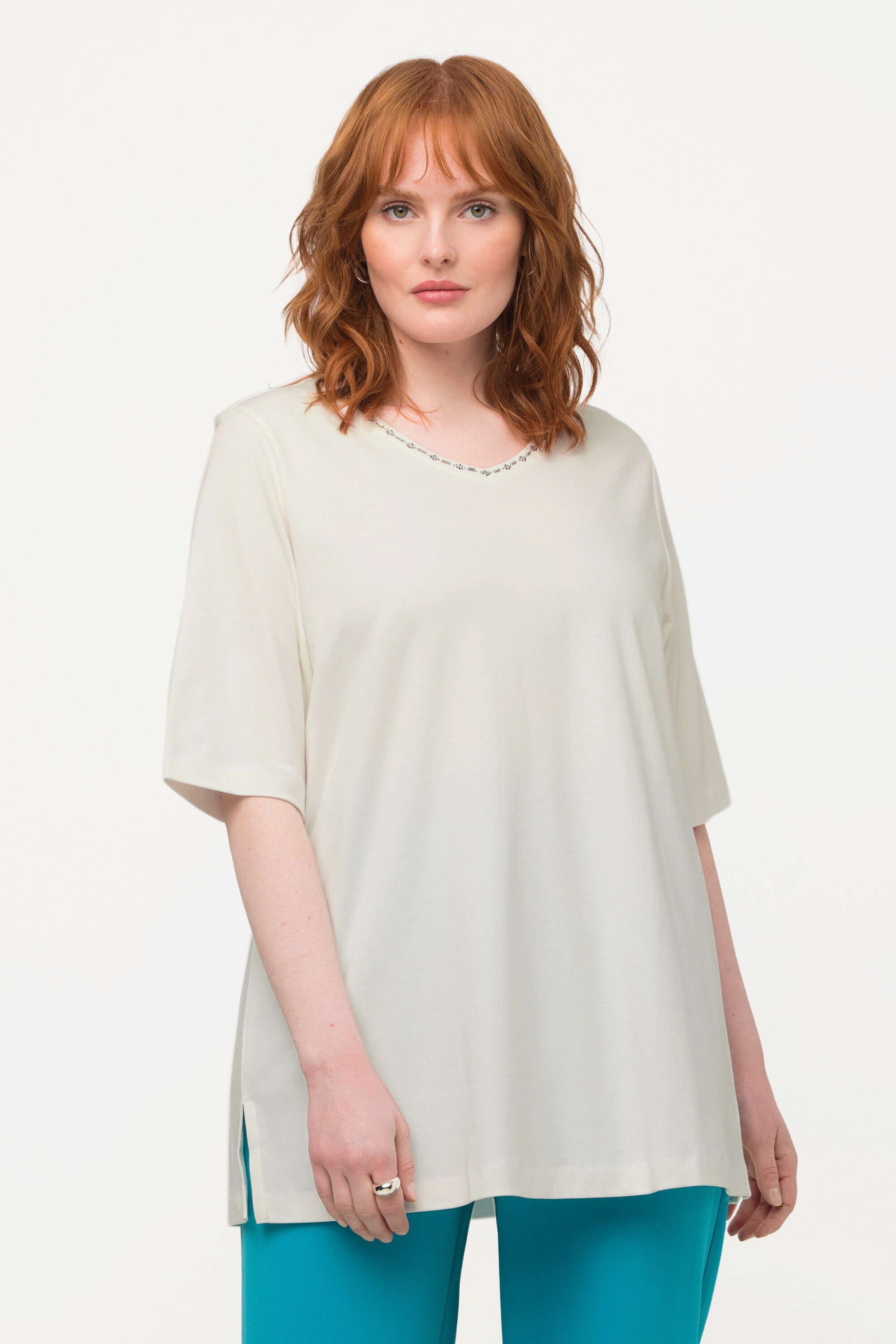 Ulla Popken T-Shirt T-Shirt A-Linie V-Ausschnitt günstig online kaufen