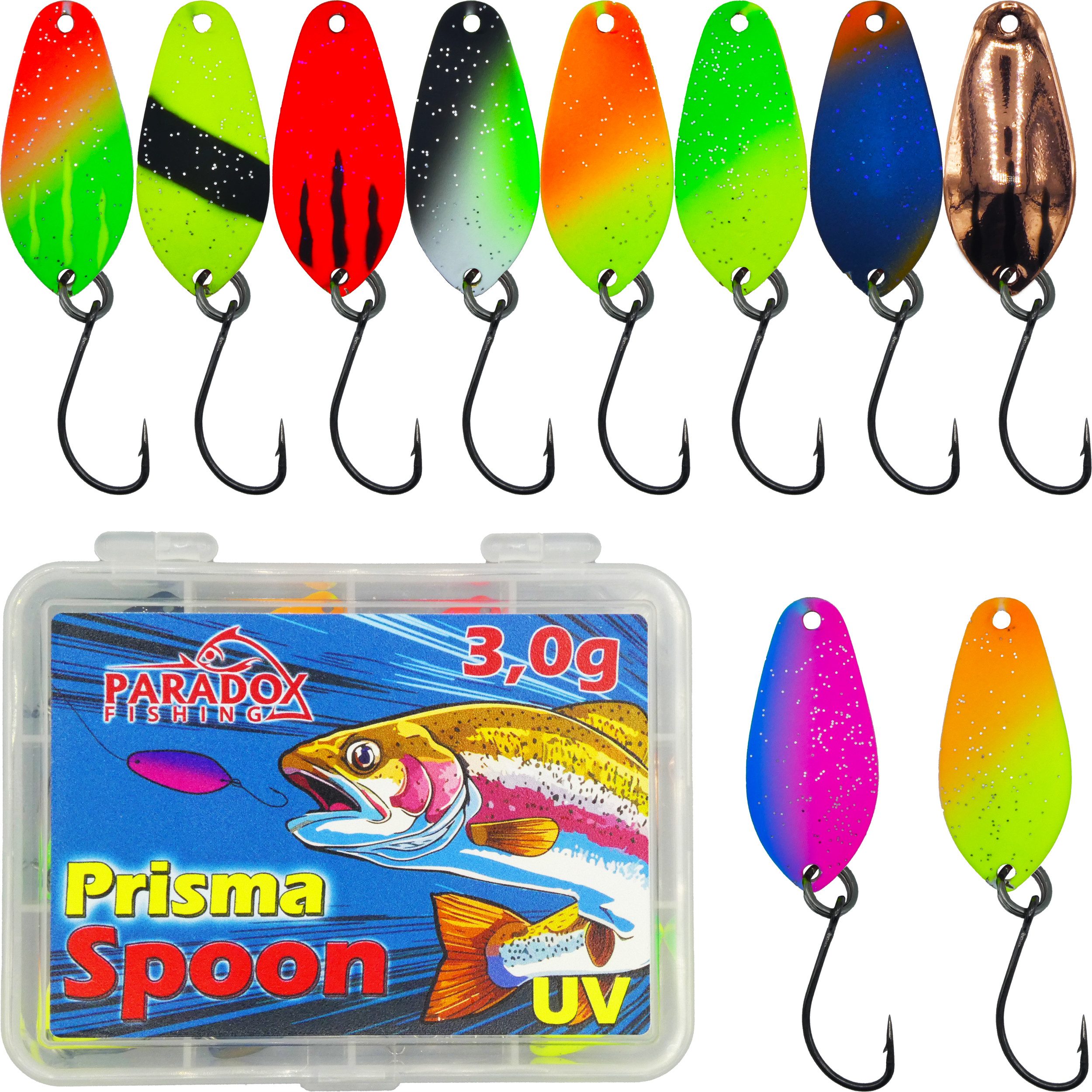 Paradox Fishing Kunstköder Forellen Spoon Sets 2,0g/2,5g/3,0g 10 Stück mit Box, (Forellenköder, Forellenköder), UV-AKTIV, inkl. Snaps