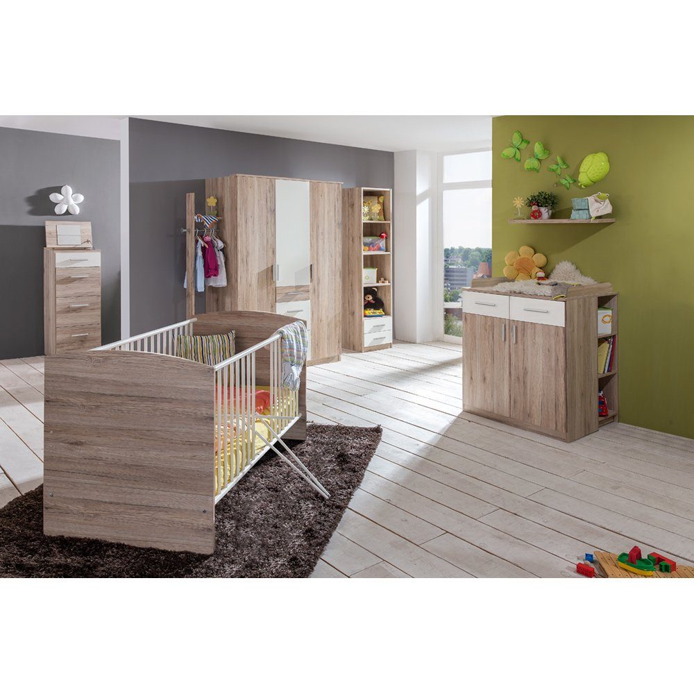 Lomadox Babyzimmer-Komplettset JOHANNESBURG-43, (8-tlg), in San Remo Eiche Nb. und weiß, 3 herausnehmbaren Schlupfsprossen