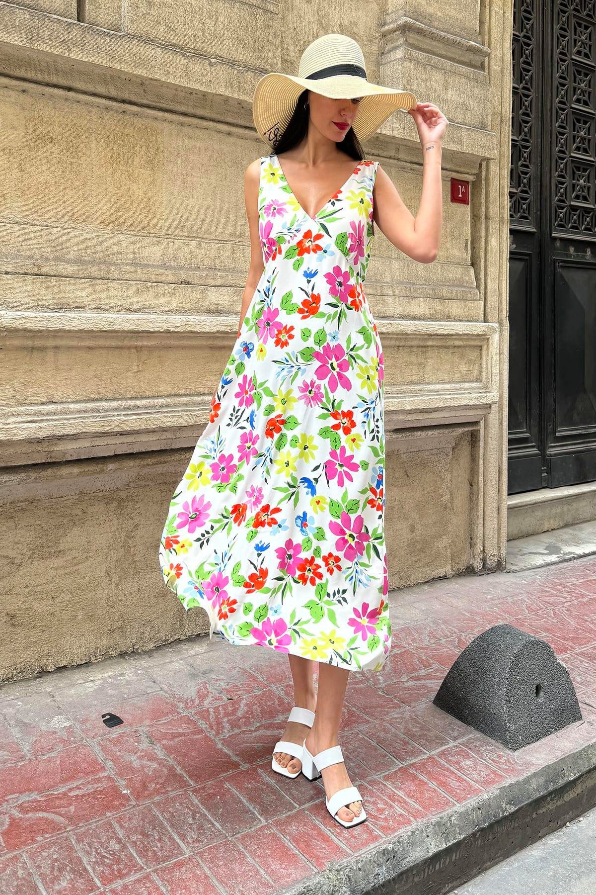 For You Moda Minikleid Natürliche Viskose V-Ausschnitt gemustert Gürtel Fuchsia Maxikleid