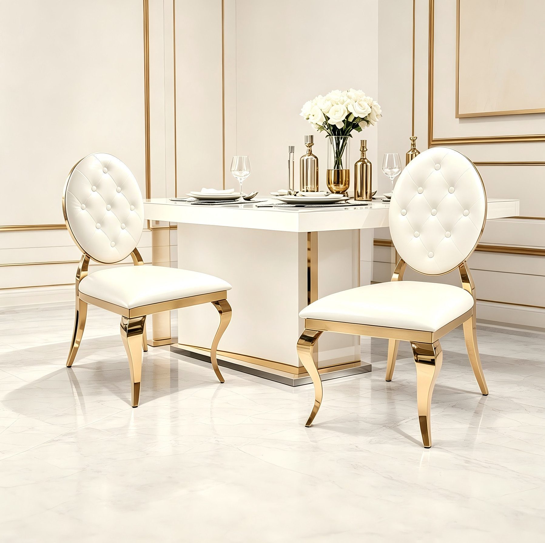 OKWISH Esszimmerstuhl 2er-Set Luxus-Polsterstühle Weiß, PU-Leder, Knopfheftung (Komfortables Sitzmöbel mit edler Optik für Wohn- & Essbereich, 2 St), Goldene Metallbeine & gepolsterter Sitz – hochwertige Verarbeitung