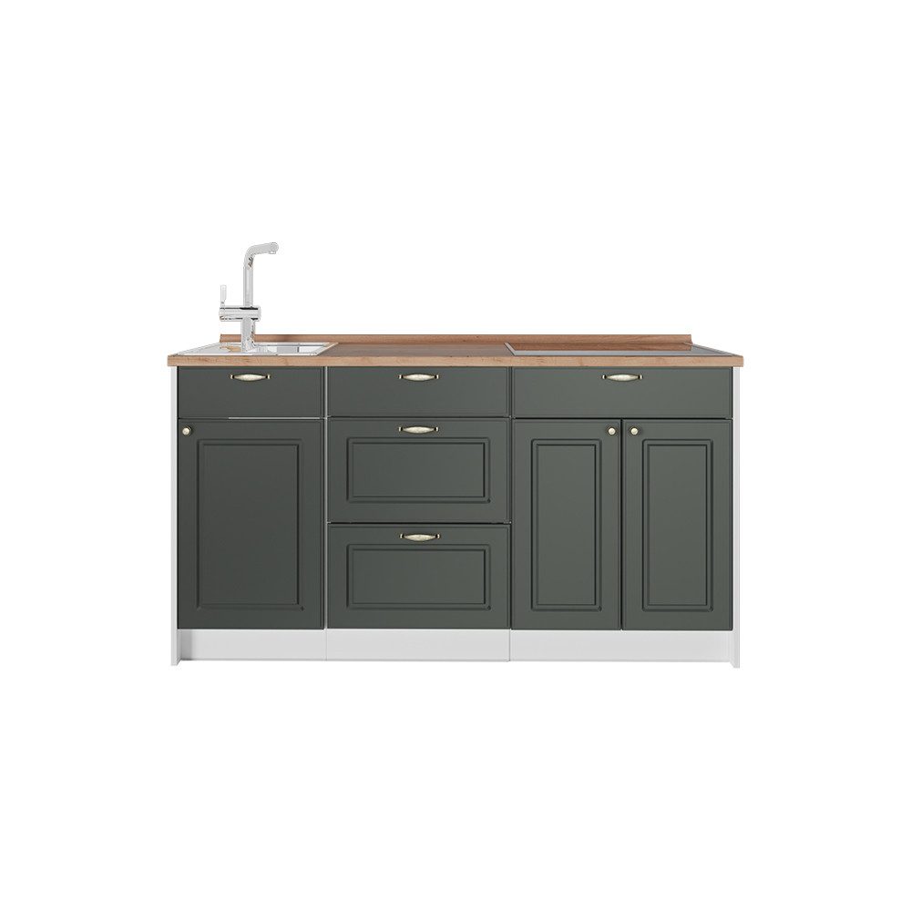 Vicco Küchenzeile Fame-Line, Grün-Gold Landhaus/Weiß, 150 cm Arbeitsplatte Goldkraf...