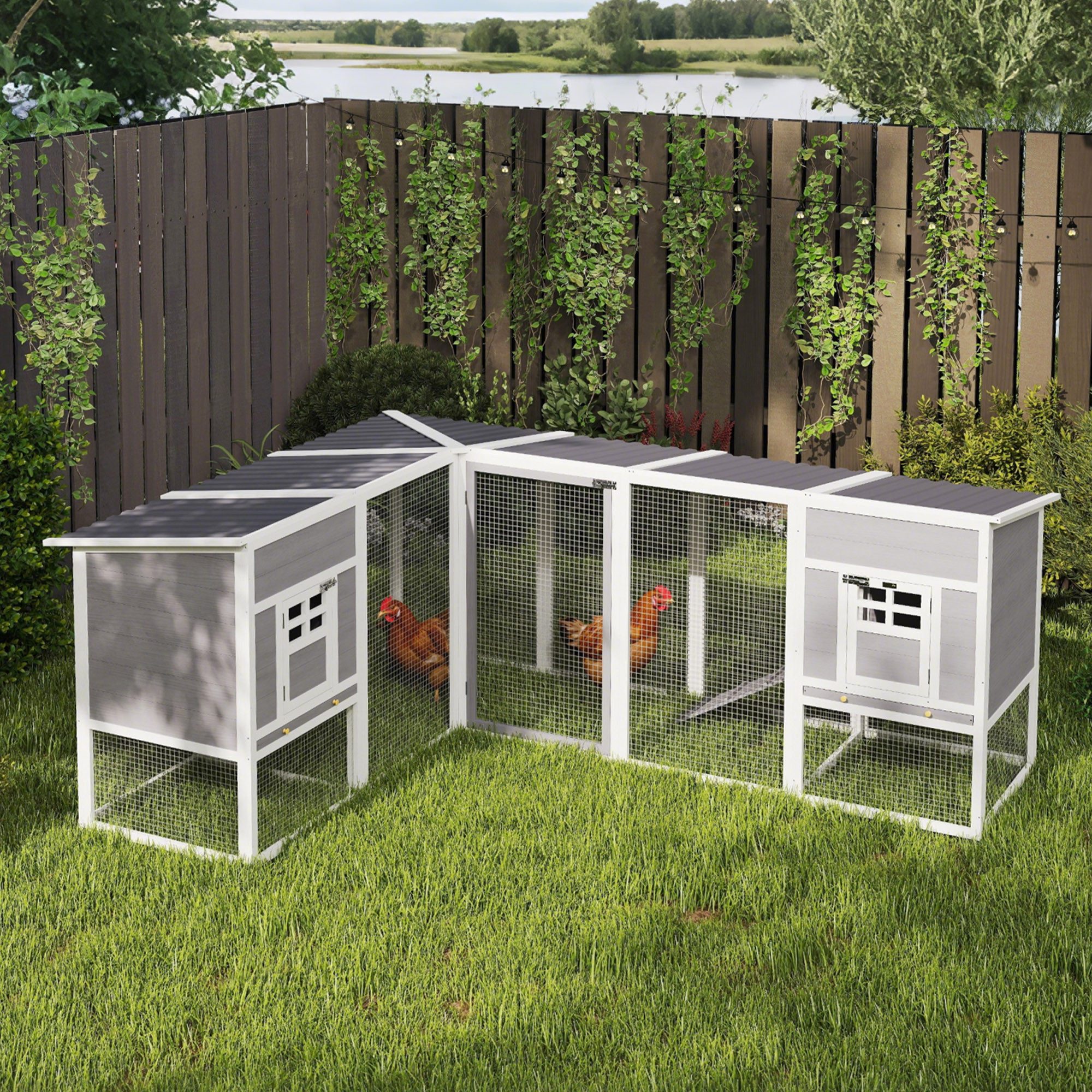 PawHut Hühnerstall L-förmiges Hühnerhaus aus Holz mit 2 Häusern 2 Ebenen Auslauf Rampe, für Garten, 251 x 192 x 103 cm, Grau