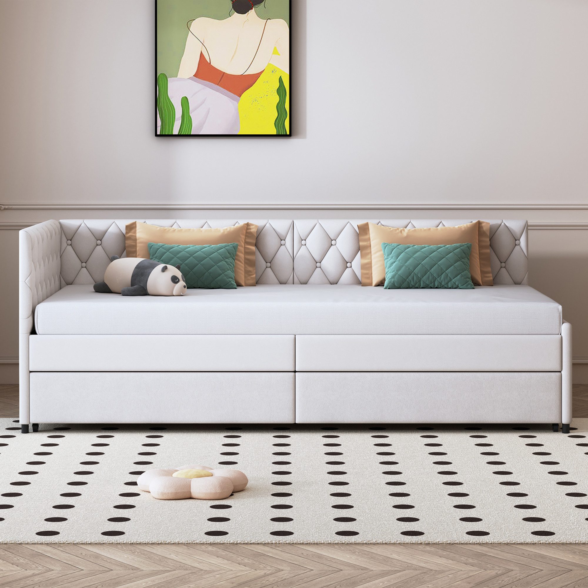 FUROKOY Schlafsofa Daybett Polsterbett Tagesbett mit Lattenrost, Ausziehbett 90x200cm,mit Rollen,Samt,Beige