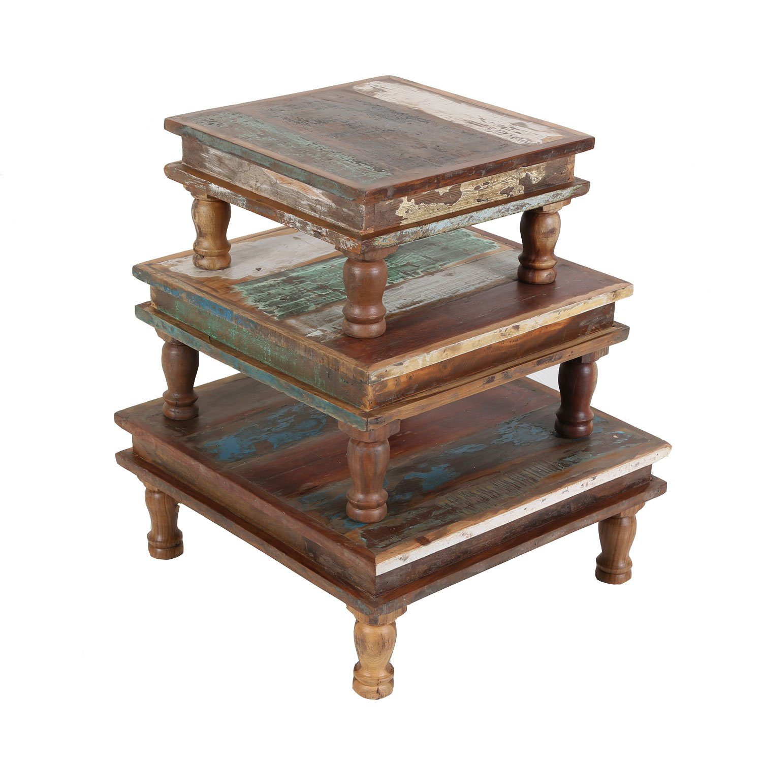 Casa Moro Beistelltisch Shabby Chic Tisch SIERA 3er Set braun bunt quadratisch (Sofatisch klein in Antik Look, 3-St), aus Recycling Altholz, Vintage Deko Beistelltisch