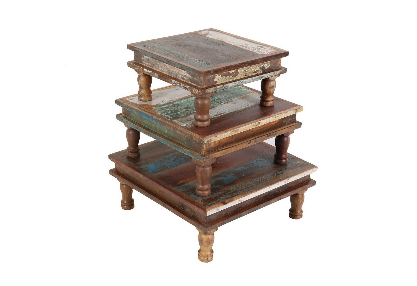 Casa Moro Beistelltisch Shabby Chic Tisch SIERA 3er Set braun bunt quadratisch (Sofatisch klein in Antik Look, 3-St), aus Recycling Altholz, Vintage Deko Beistelltisch