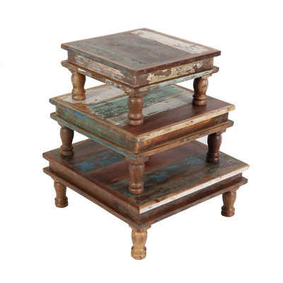 Casa Moro Beistelltisch Shabby Chic Tisch SIERA 3er Set braun bunt quadratisch (Sofatisch klein in Antik Look, 3-St), aus Recycling Altholz, Vintage Deko Beistelltisch