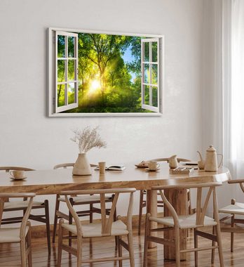 Sinus Art Leinwandbild Wandbild 120x80cm Fensterbild Sonnenstrahl Baumkronen Sonnenuntergang, (1 St)