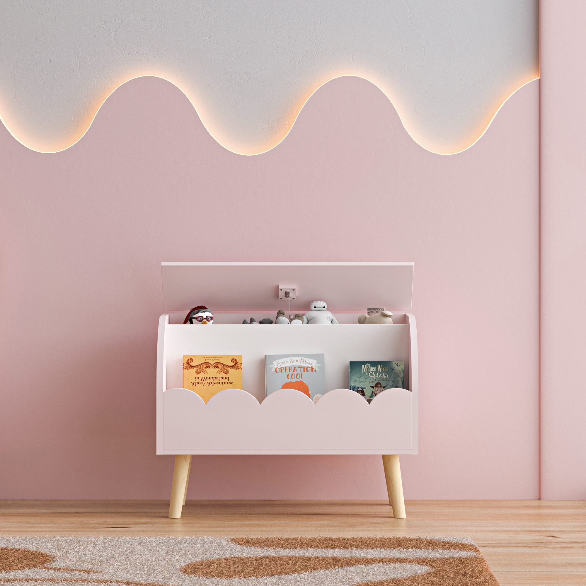 en.casa Spielzeugtruhe, »Vestnes« mit Deckel 60x30x44 cm Cotton Candy / Weiß