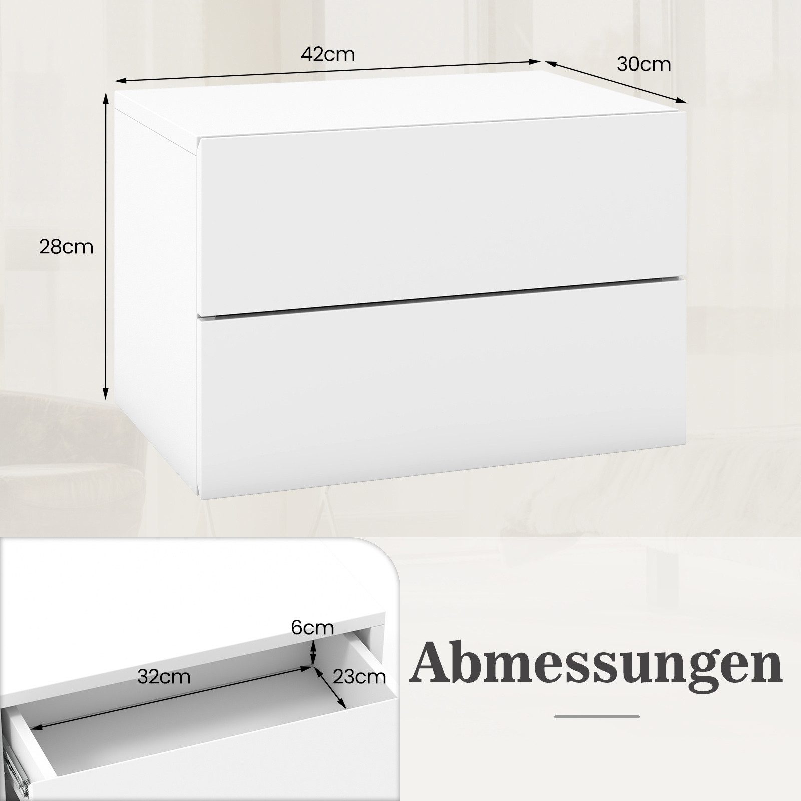 COSTWAY Nachttisch (1-St), hängend, mit 2 Schubladen, Nachtschrank