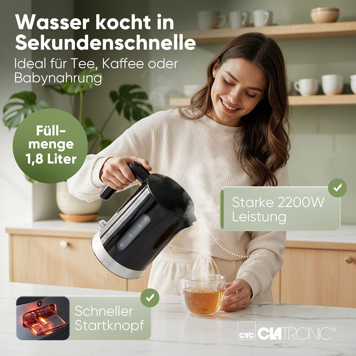 CLATRONIC Wasserkocher WK 3840, Wasserkocher 1,8L, 2200W, BPA frei