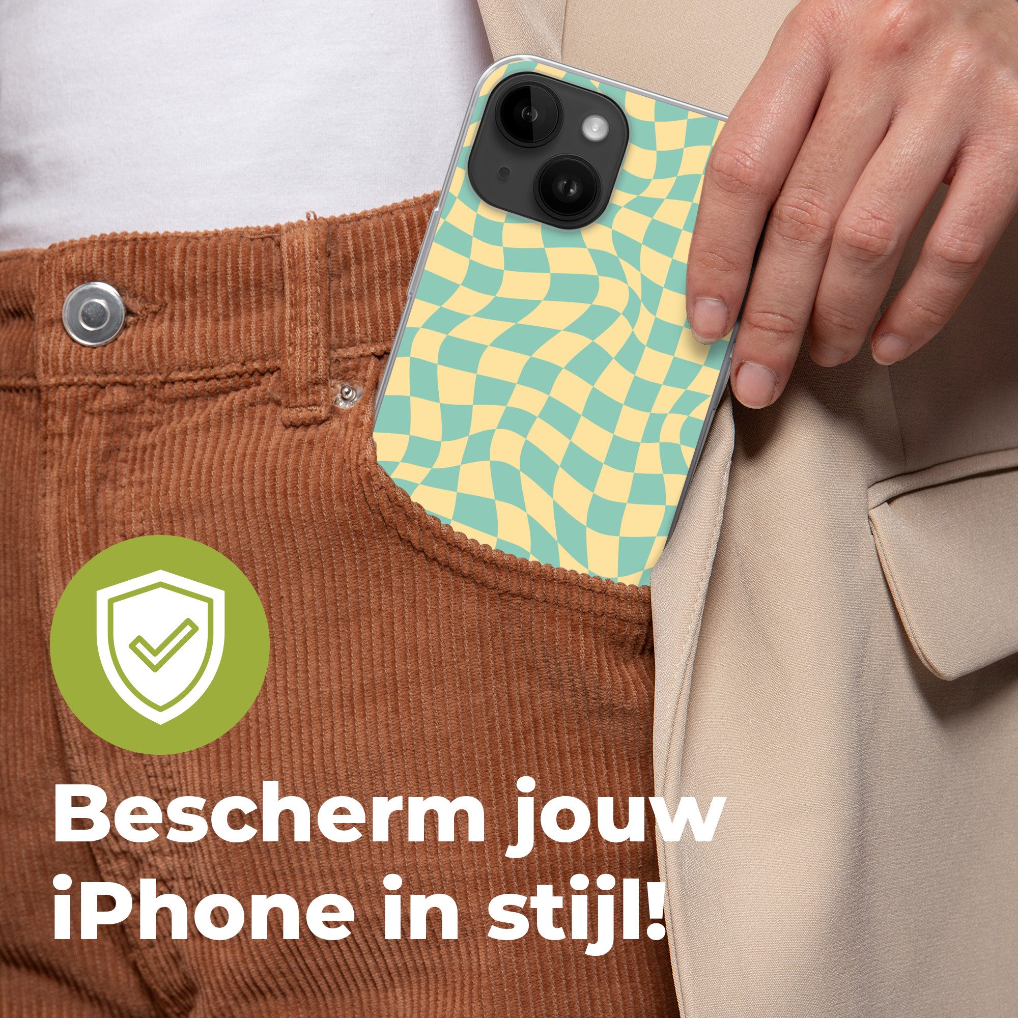 MuchoWow Handyhülle für Apple iPhone 14 Quadratisches Muster - Gelb - Blau - Wellenlinien, Smartphone-Bumper, Print, Handy Schutzhülle Dünn