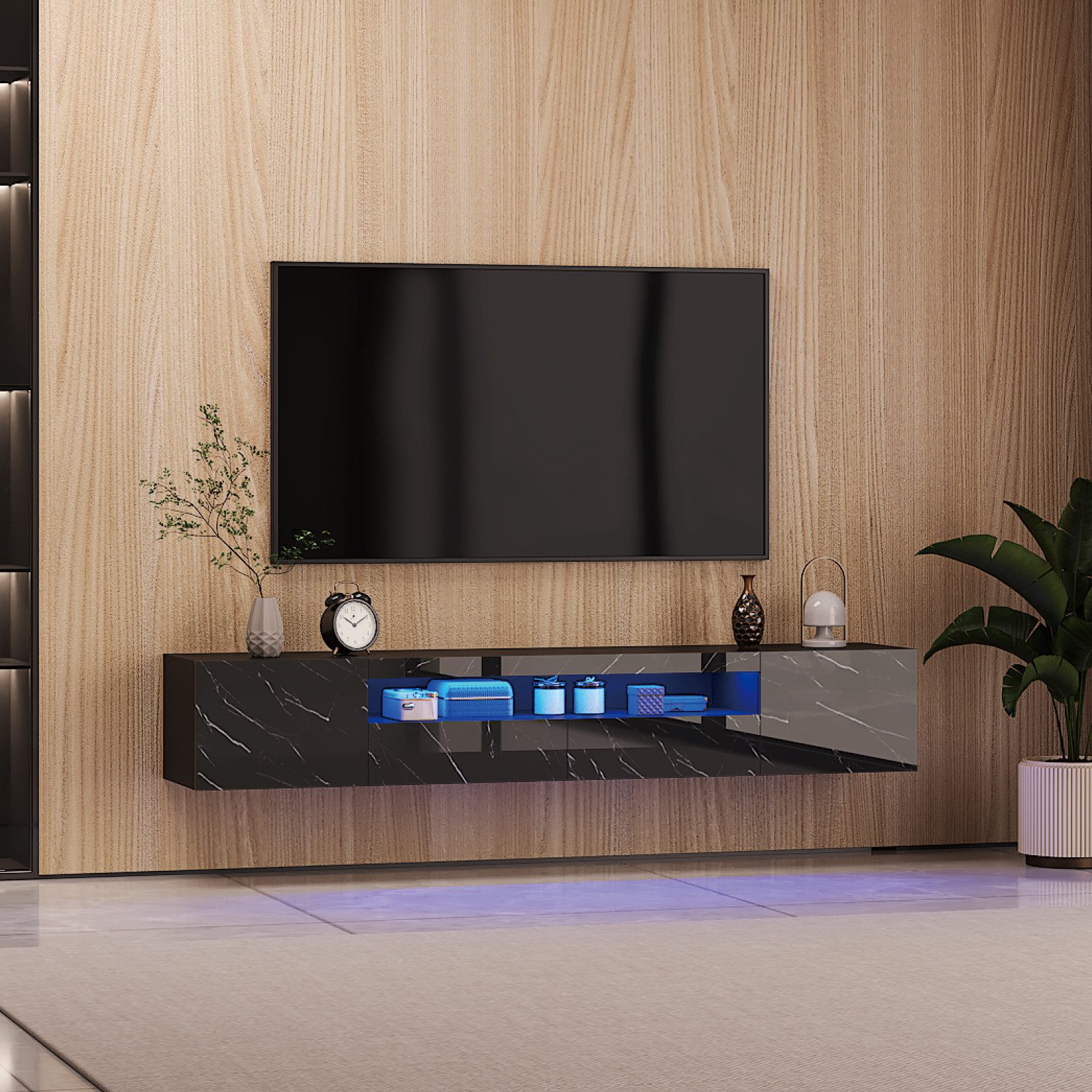 radelldar Lowboard 180cm Hochglanz mit LED-Beleuchtung und Stauraum (1 St), hängender TV-Schrank für Fernseher bis 85 Zoll
