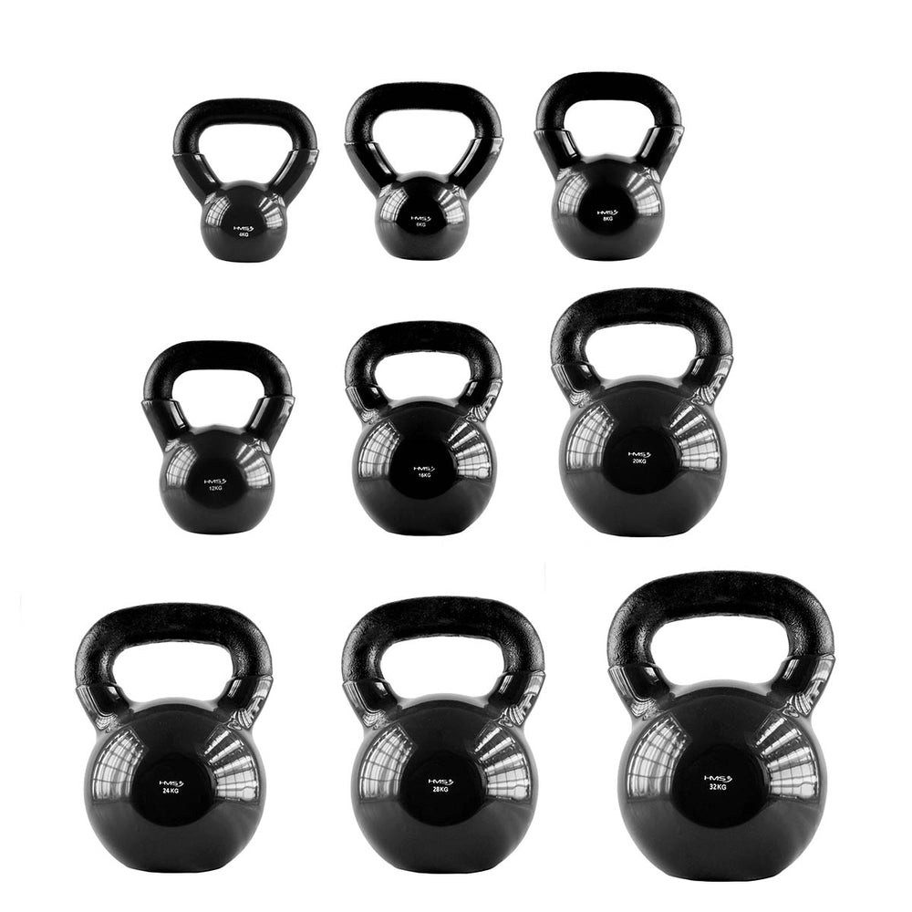 HMS Kettlebell Kugelhantel Schwunghantel Krafttraining, (Spar-Set), Gusseisen, Vinylmantel, flache Standfläche