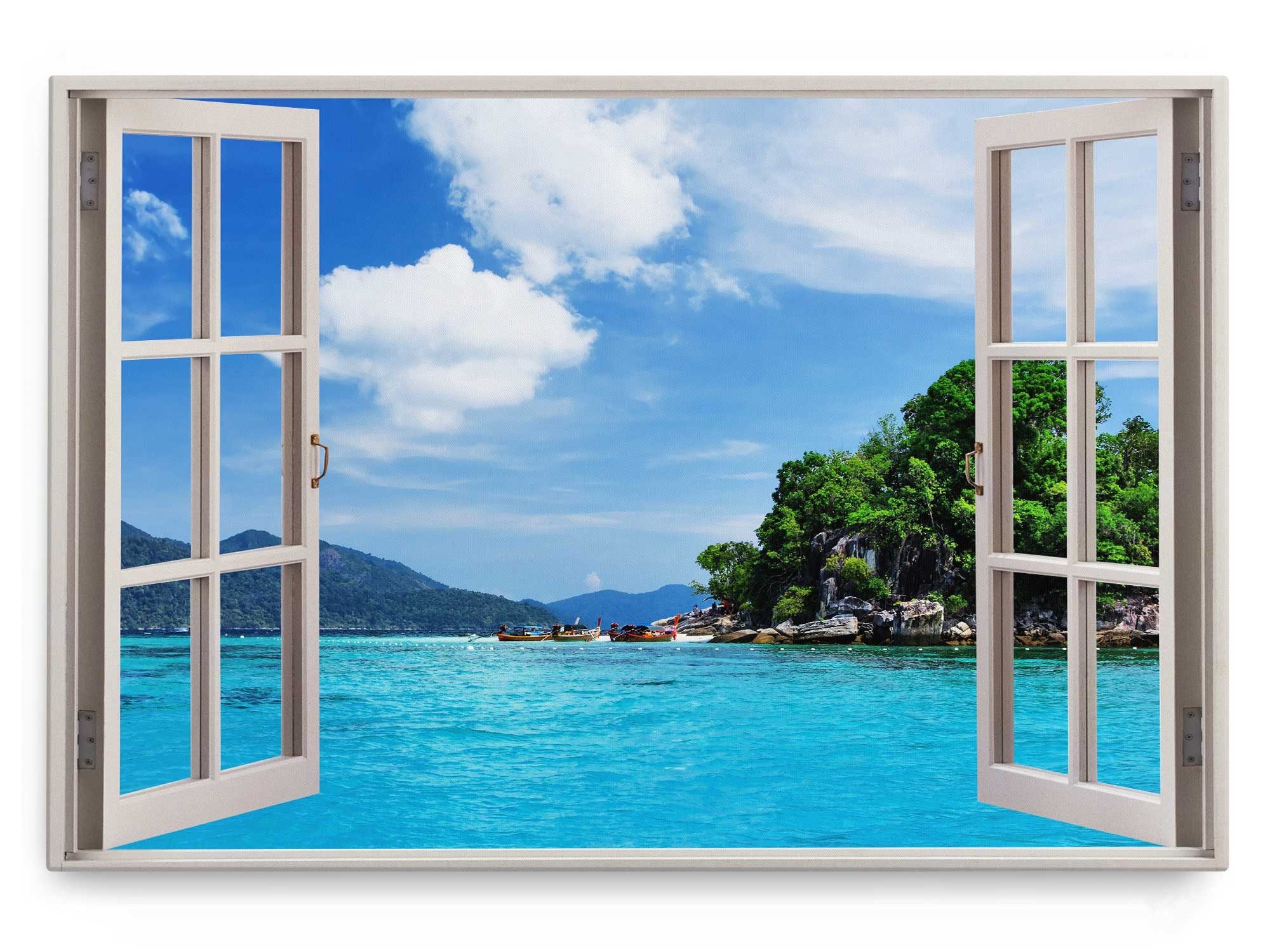 Sinus Art Leinwandbild Wandbild 120x80cm Fensterbild Karibik Südsee Meer Türkis Sommer Sonnen, (1 St)