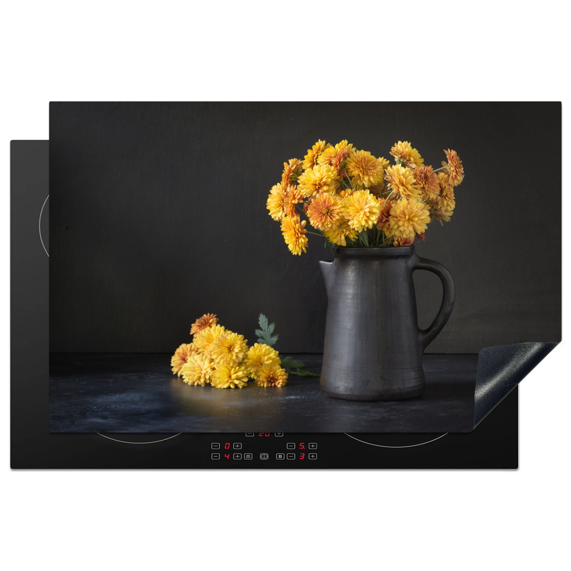 MuchoWow Herdblende-/Abdeckplatte Stilleben - Chrysanthemen - Gelb, Vinyl, (1 tlg), 81x52 cm, Induktionskochfeld Schutz für die küche, Ceranfeldabdeckung