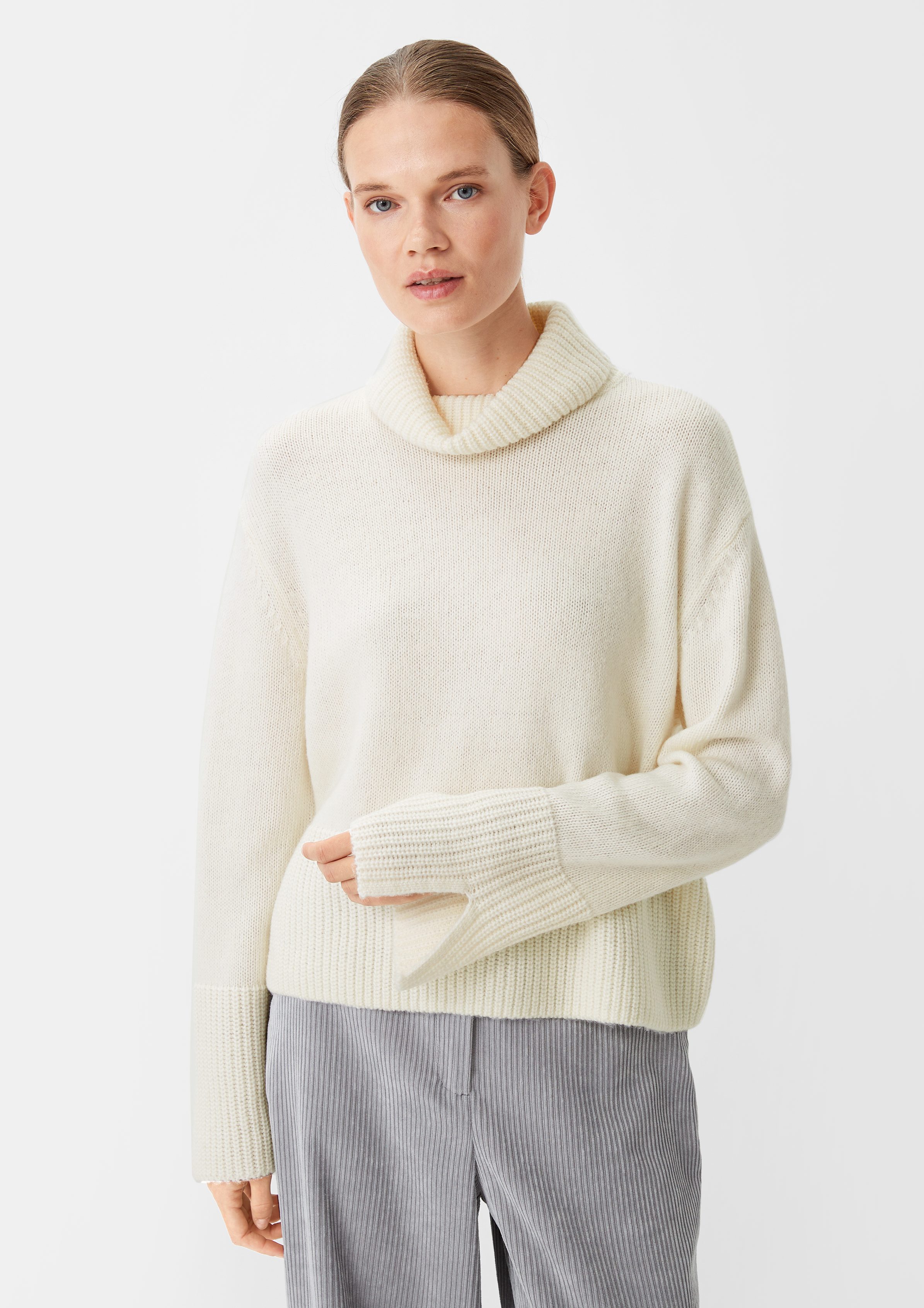 breiter Strickpullover Comma Rippblende mit Langarmshirt creme