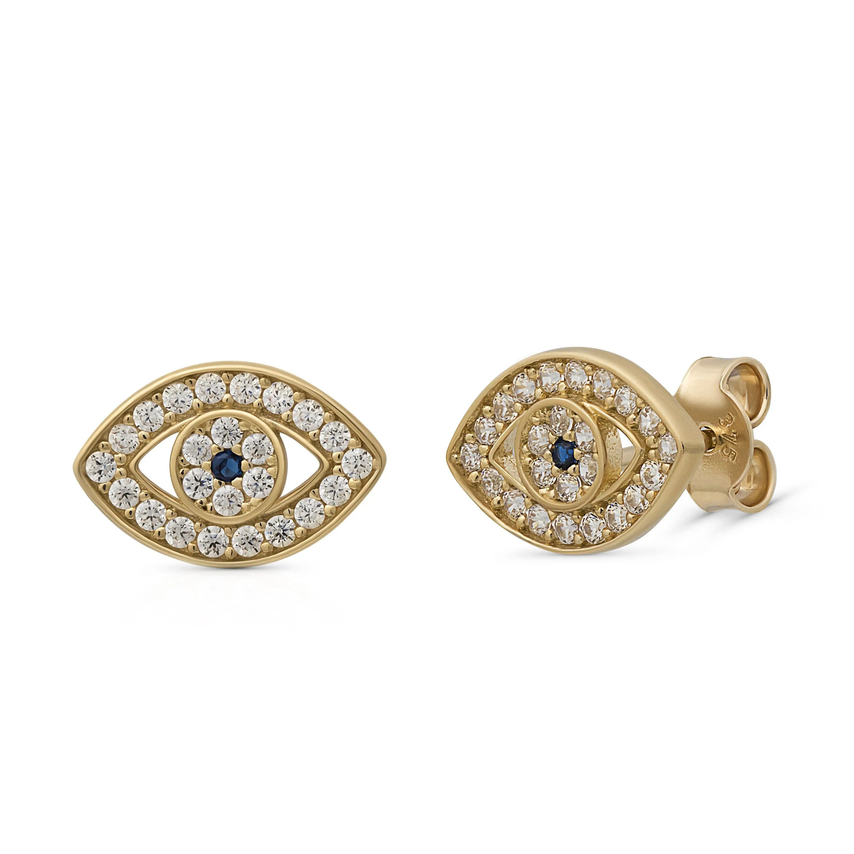 Suzan Gold Paar Ohrstecker Ohrringe Damen Evil Eye Stecker Böser Blick aus 375 Gelbgold, Nazar, Gelbgold 375, Zirkonia-Steine