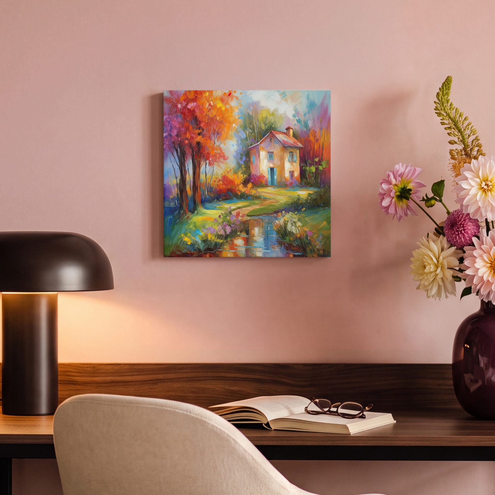 OneMillionCanvasses® Leinwandbild Landschaft - Farbenfroh - Ölfarbenoptik - Kunst, Fotodruck (1 St), Wandbild, Deko Schlafzimmer Wohnzimmer Flur 20x20 cm – Bild 4 von 5