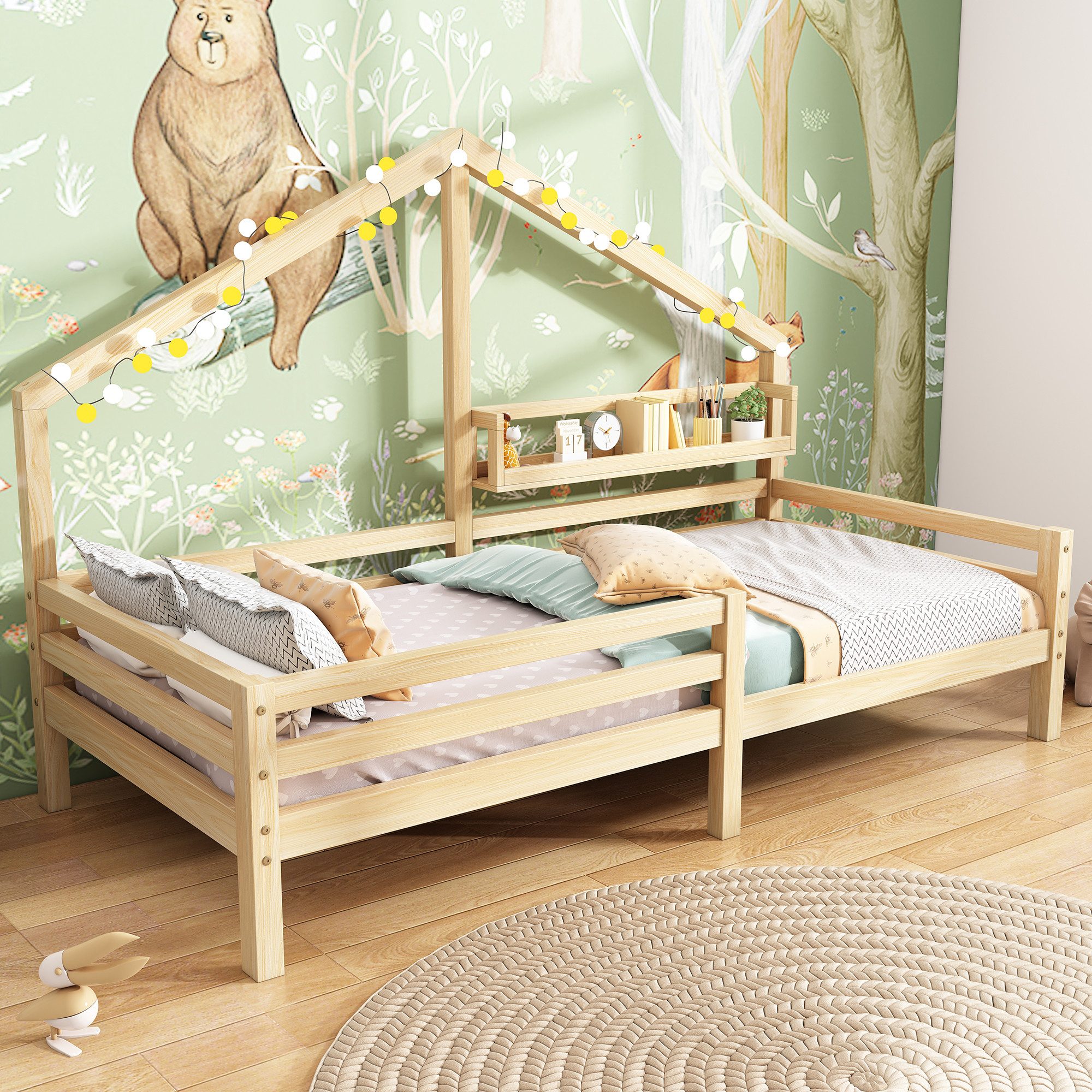 Flieks Kinderbett, Massivholz Einzelbett Hausbett mit Ablageregal 90x200cm günstig online kaufen