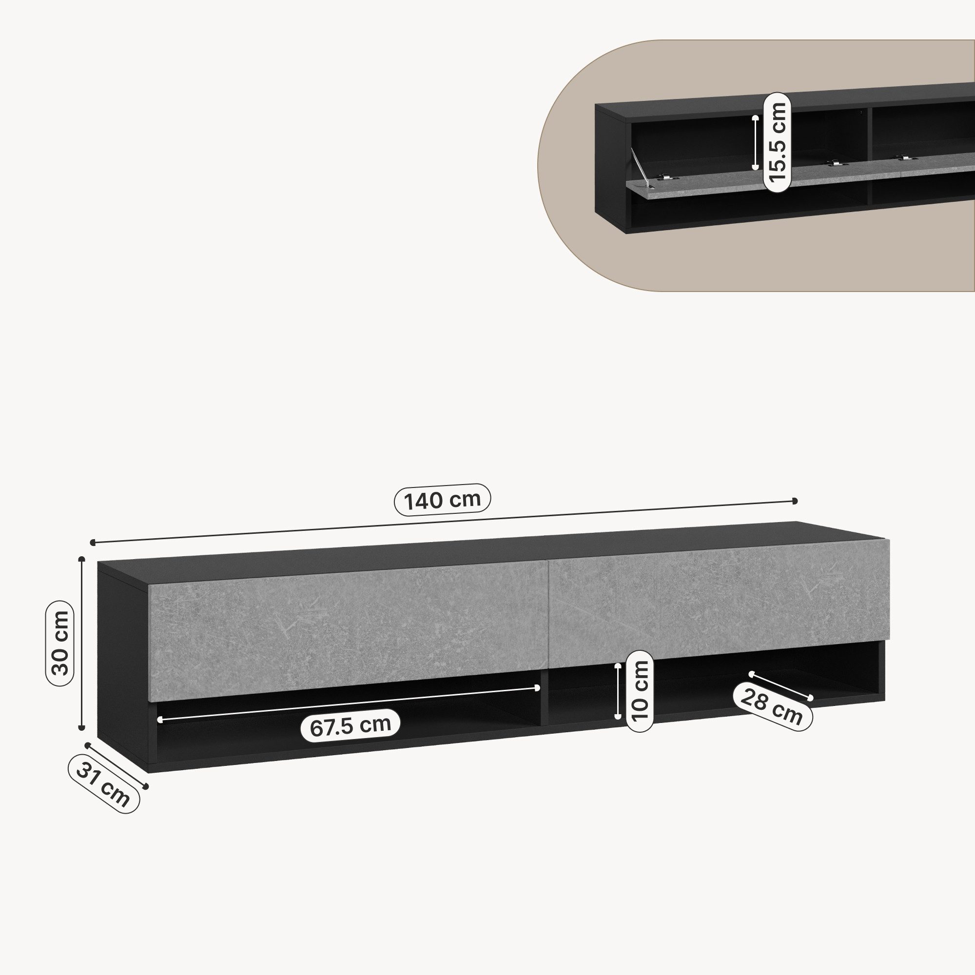en.casa TV-Board, »Halmstad« hängend 2 Klappen 140 x 31 x 30 cm Schwarz/Betonoptik