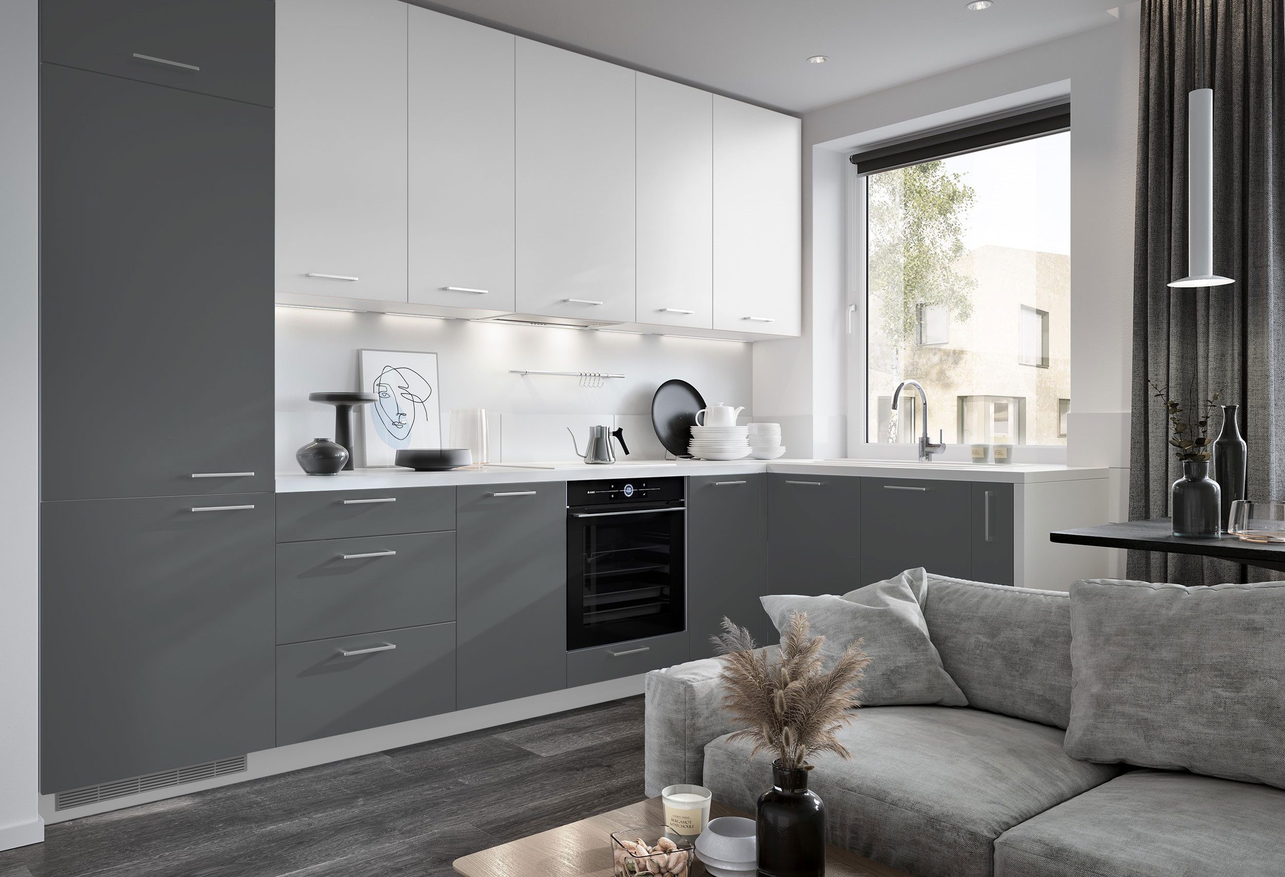 Feldmann-Wohnen Winkelküche Bonn, (Soft-Close-Funktion, Schubladen mit Vollauszug, Airtic-System), 335cm weiß matt/dust grey matt + weiß matt L-Form