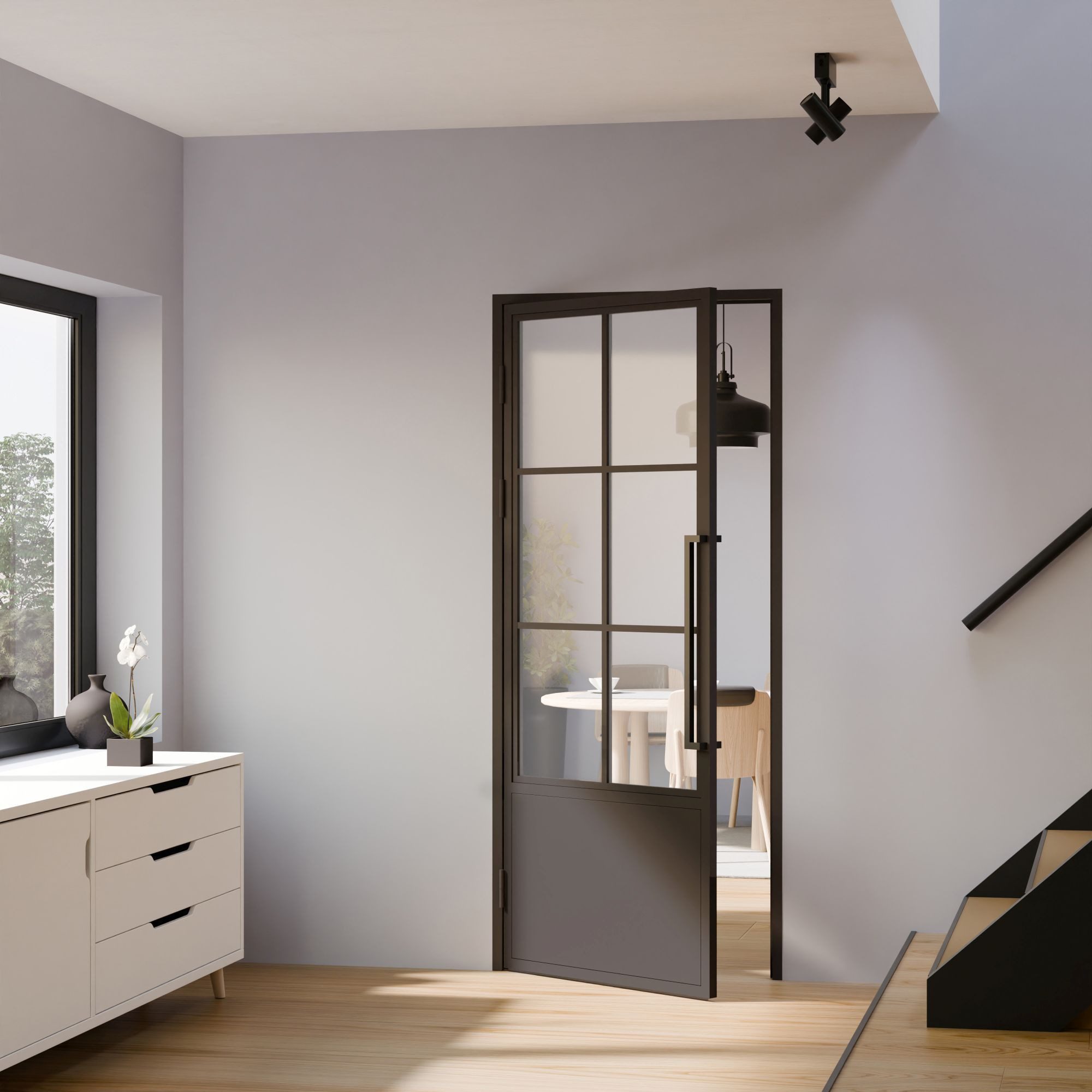 inova wohnen Zimmertür Stahltür Schwarz mit Klarglas 6 Felder (Komplett Set, inkl. Türzarge schwarz und Griffstange), Größenauswahl, Loftstyle