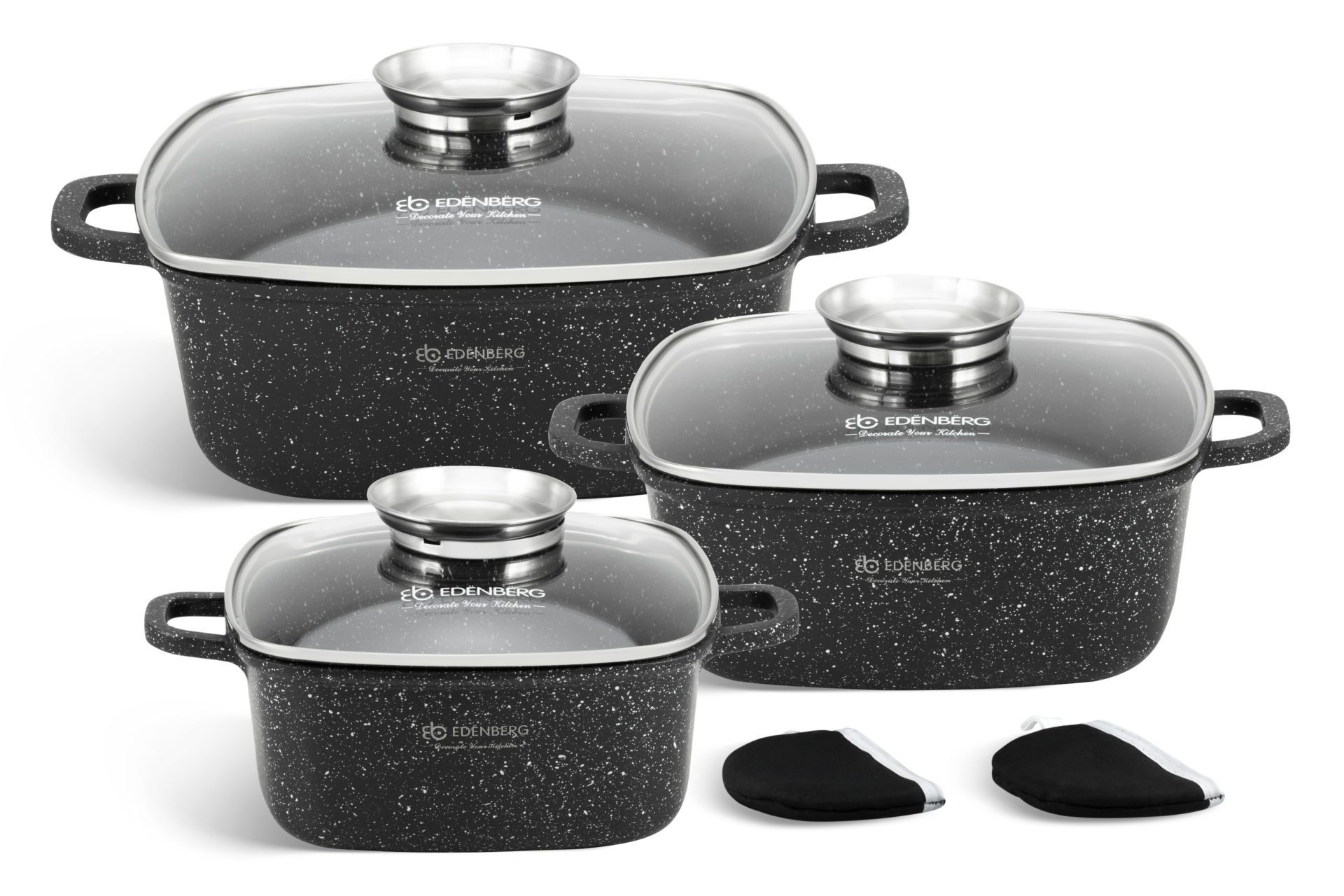 Edenberg Kochtopf Quadratische Töpfe in Schwarz mit langlebiger Steinbeschichtung, Keramik, Aluminiumguss, Edelstahl (Schwarzes Topfset mit Steinbeschichtung – ideal für Suppen, Eintöpfe und mehr, 6-tlg., Zeitloses Design des Topfsets. Eine ideale Geschenkidee)