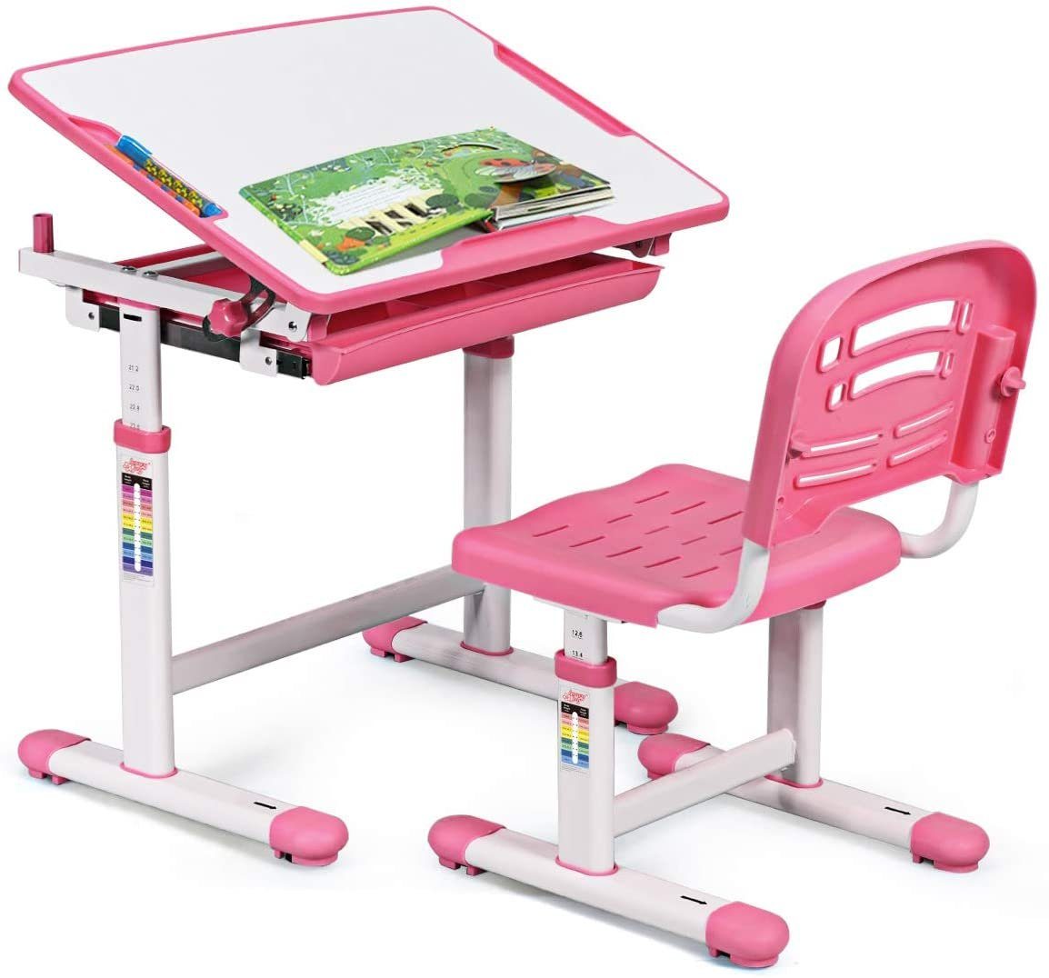 COSTWAY Kinderschreibtisch, mit Stuhl, höhenverstellbar, neigbar, Rosa günstig online kaufen