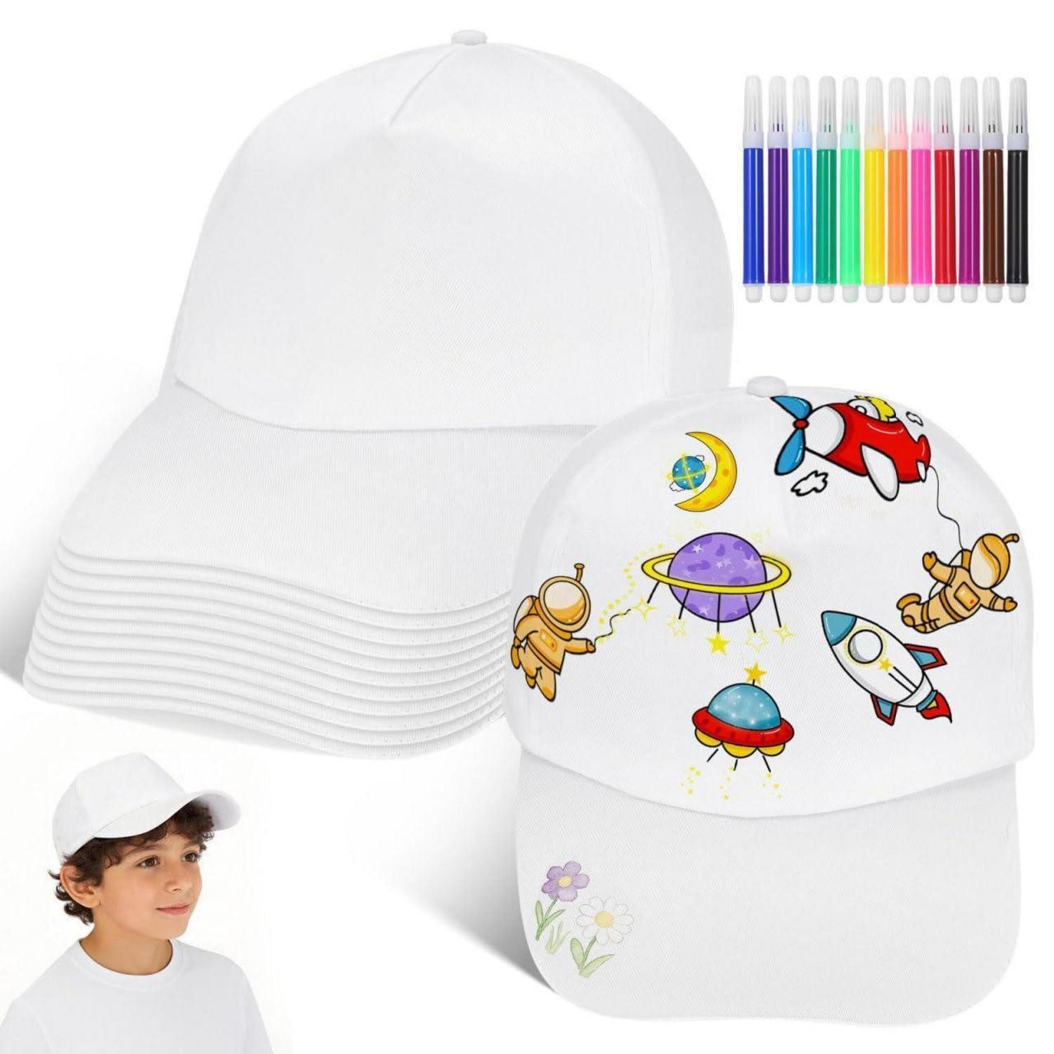 LuxusKollektion Kreativset Kinder Baseball Cap zum Bemalen mit Textilstiften, 12er Set