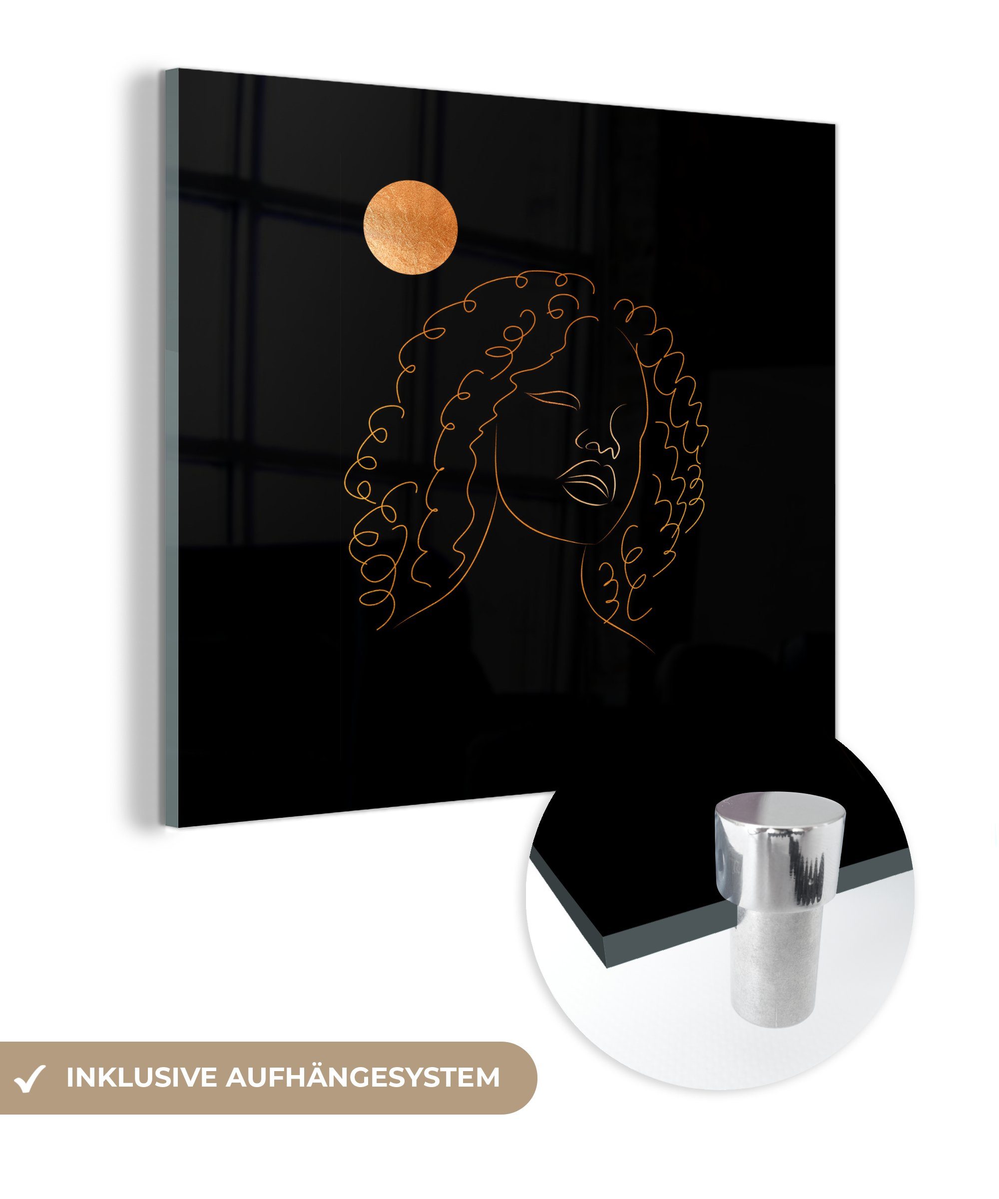 MuchoWow Acrylglasbild Frau - Mond - Strichzeichnung - Gold, (1 St), Glasbilder - Bilder auf Glas Wandbild - Foto auf Glas - Wanddekoration | Bilder