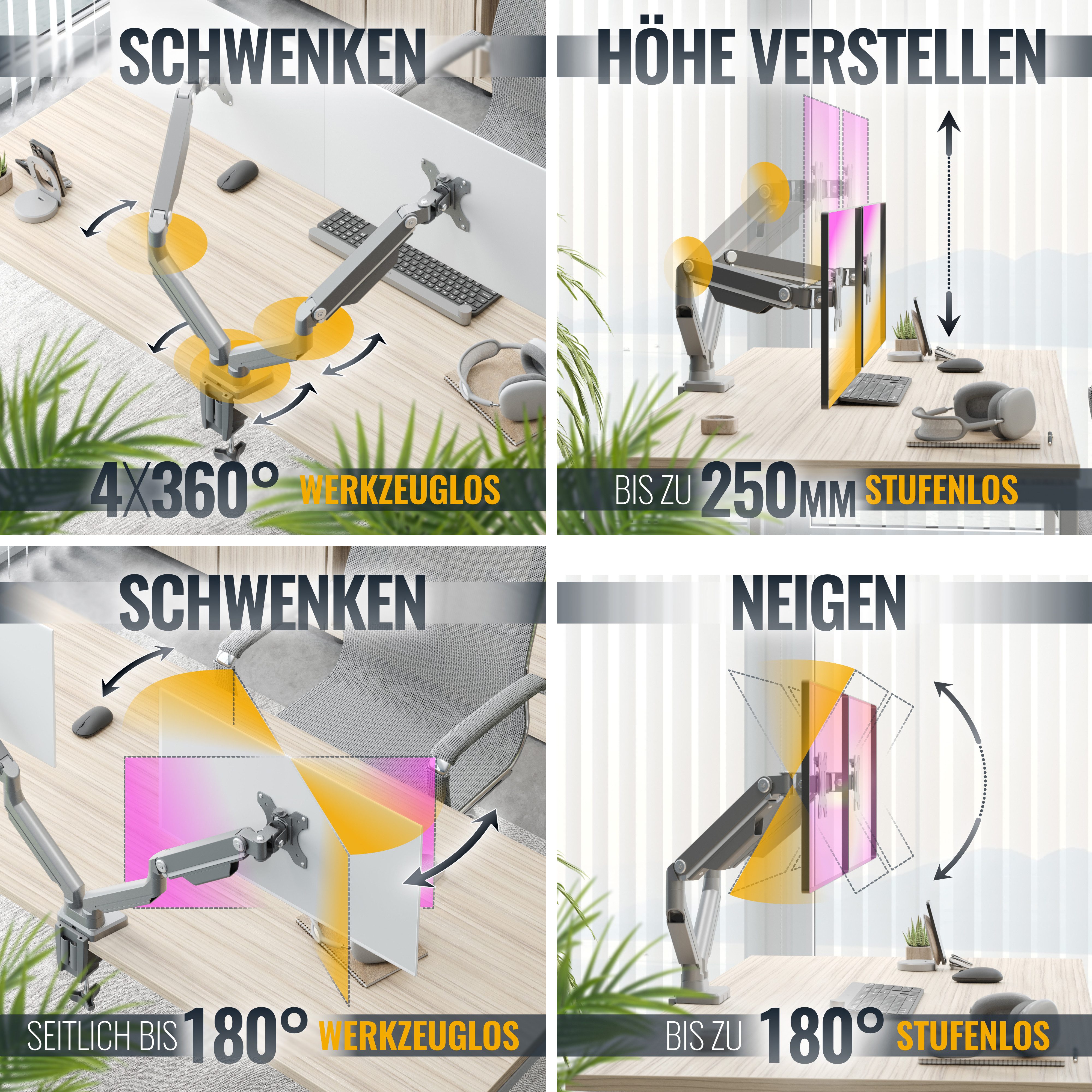 RICOO Monitor-Halterung Tischhalterung für 2 Monitore neigbar mit Doppelarm TS8811, (bis 27 Zoll, VESA 75x75 und 100x100, 1-tlg., min 2Kg - max 8Kg,von 43-68 cm (17"-27) Bildschirm-Diagonale, neigbar +/-90°, schwenkbar +/-90°, BxH Frontplatte 115 mm x 115 mm)