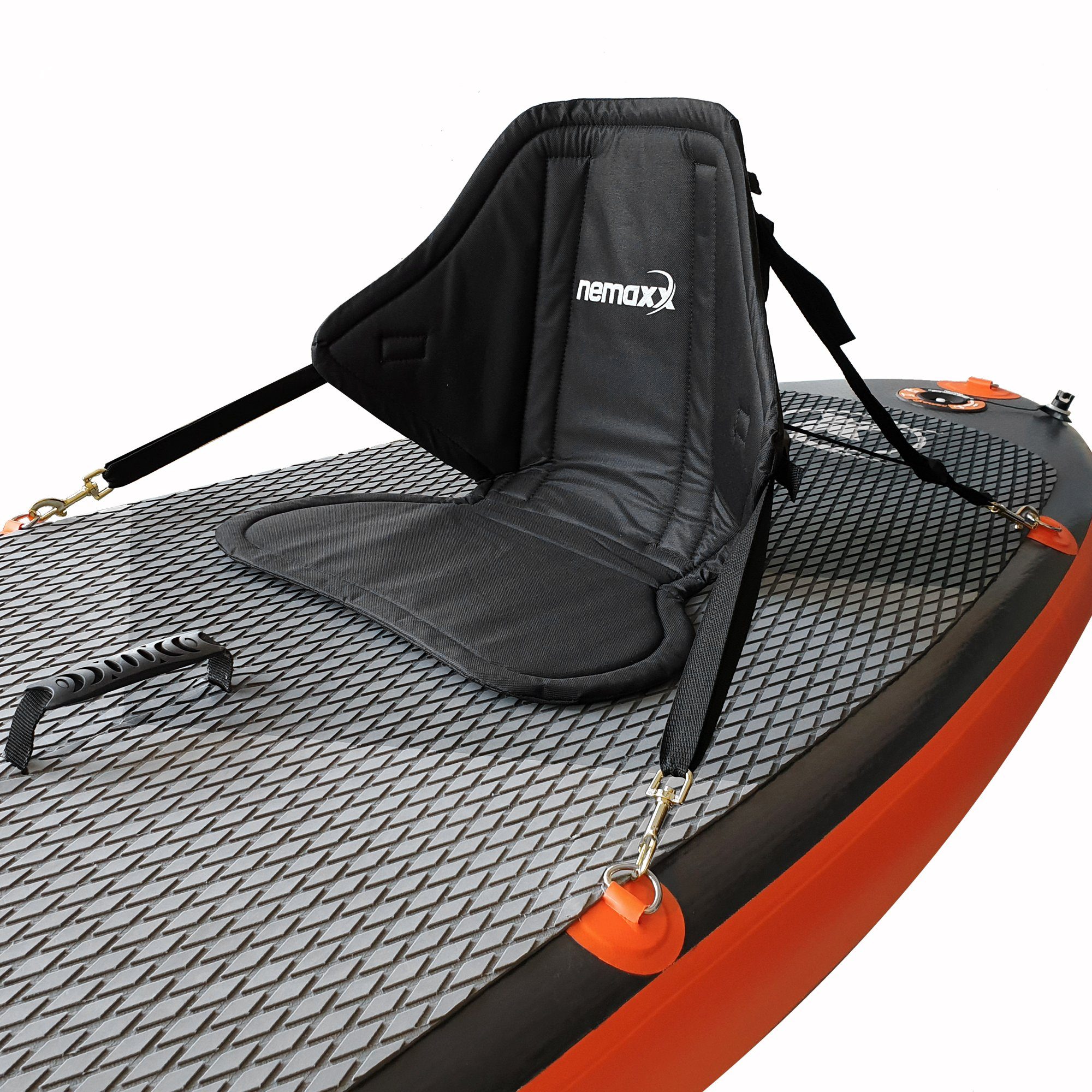 NEMAXX Inflatable SUP-Board, NEMAXX Komfort Sitz für SUP mit Sitz- und Rückenpolster Kissen - Stand Up Paddle Board Sitzauflage mit Sitztasche, Kajak- / Kanusitz - rutschfest, schwarz