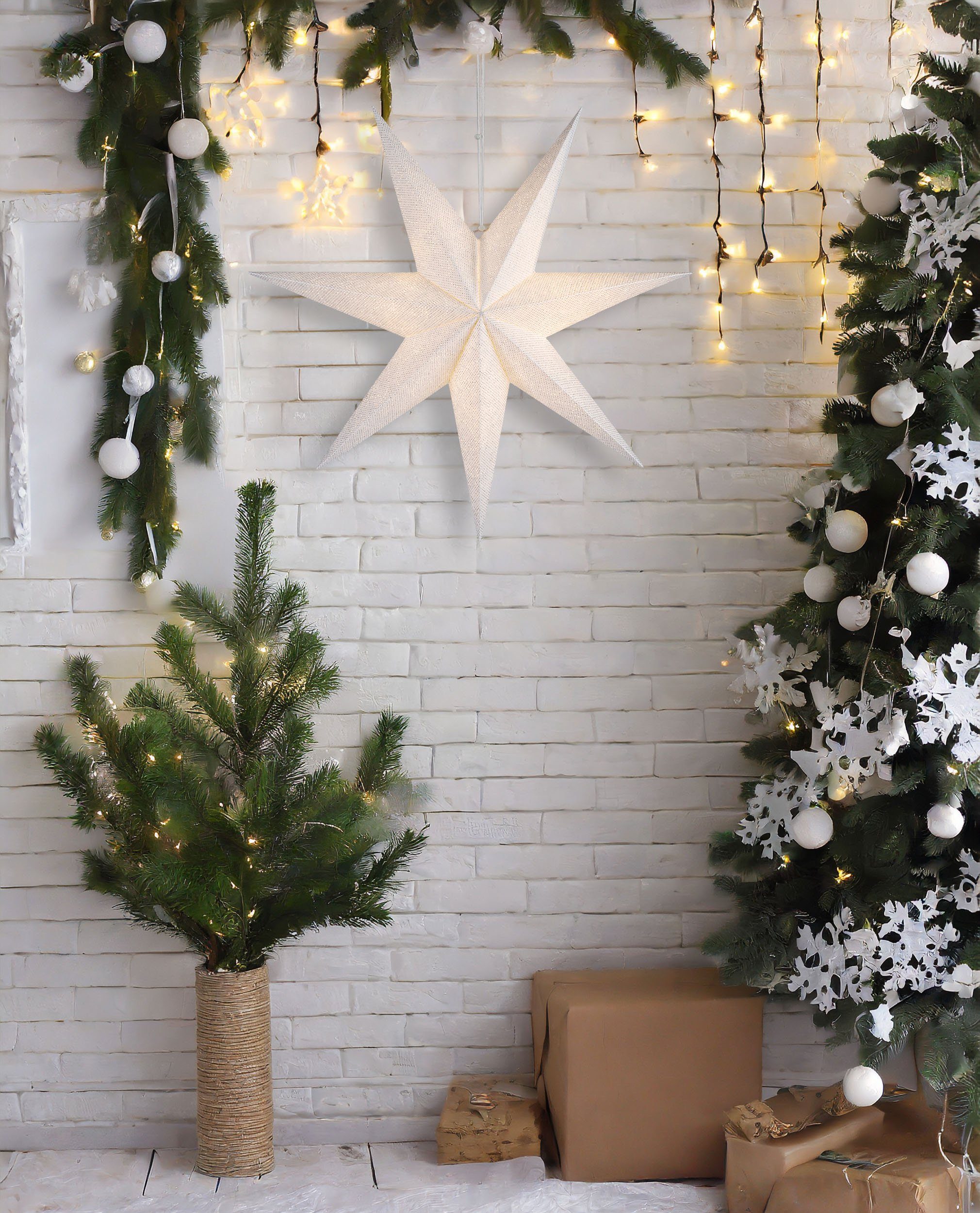Leuchtstern - LED mit LED Fensterdeko Warmweiß, 60 und für Stern fest Hängend, Weihnachten, Adventsstern Weihnachtsdeko Beleuchtbar integriert, zum Innen Batterie für BRUBAKER Aufhängen für Weihnachtsstern cm LED