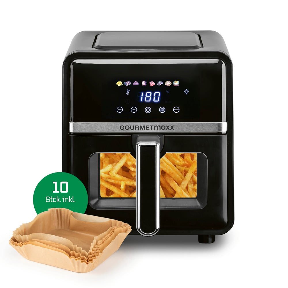 GOURMETmaxx Heißluftfritteuse, 1400 W, inkl.10 Backpapierschalen mit Frontfenster LED-Display 8 Programme