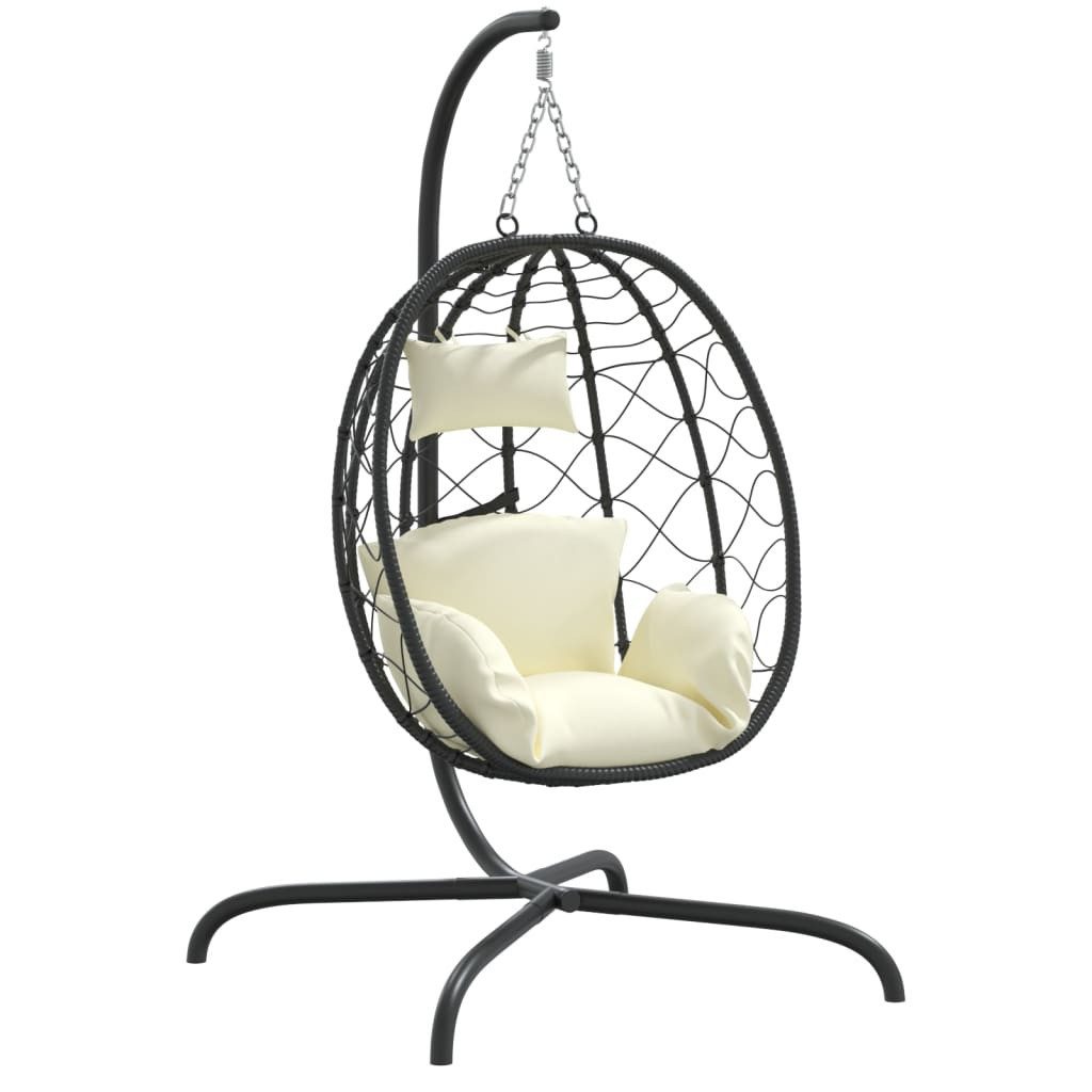 furnicato Hängestuhl Hängesessel Schwarz 106 x 103 x 195 cm mit Cremeweißem Kissen (1 St), Wetterfester Ei-Sessel mit stabilem Gestell und weichem Kopfkissen