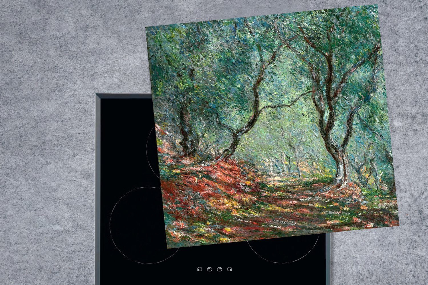 von 78x78 Olivenhain für im Monet, Herdblende-/Abdeckplatte - MuchoWow Garten Claude tlg), Vinyl, cm, Ceranfeldabdeckung, Arbeitsplatte küche (1 Moreno