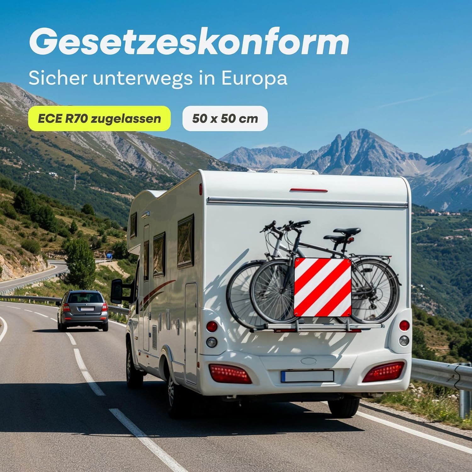 Prowiste Hinweisschild Warntafel Fahrradträger – ECE R70 – Für Italien, Spanien & Portugal, (Zubehör für Fahrradträger, Autozubehör, Sicherheitszubehör, 1 St., Warntafel + Tasche + Spanngurte), ECE R70 geprüft, Aluminium, wetterfest, für Italien/Spanien/Portugal