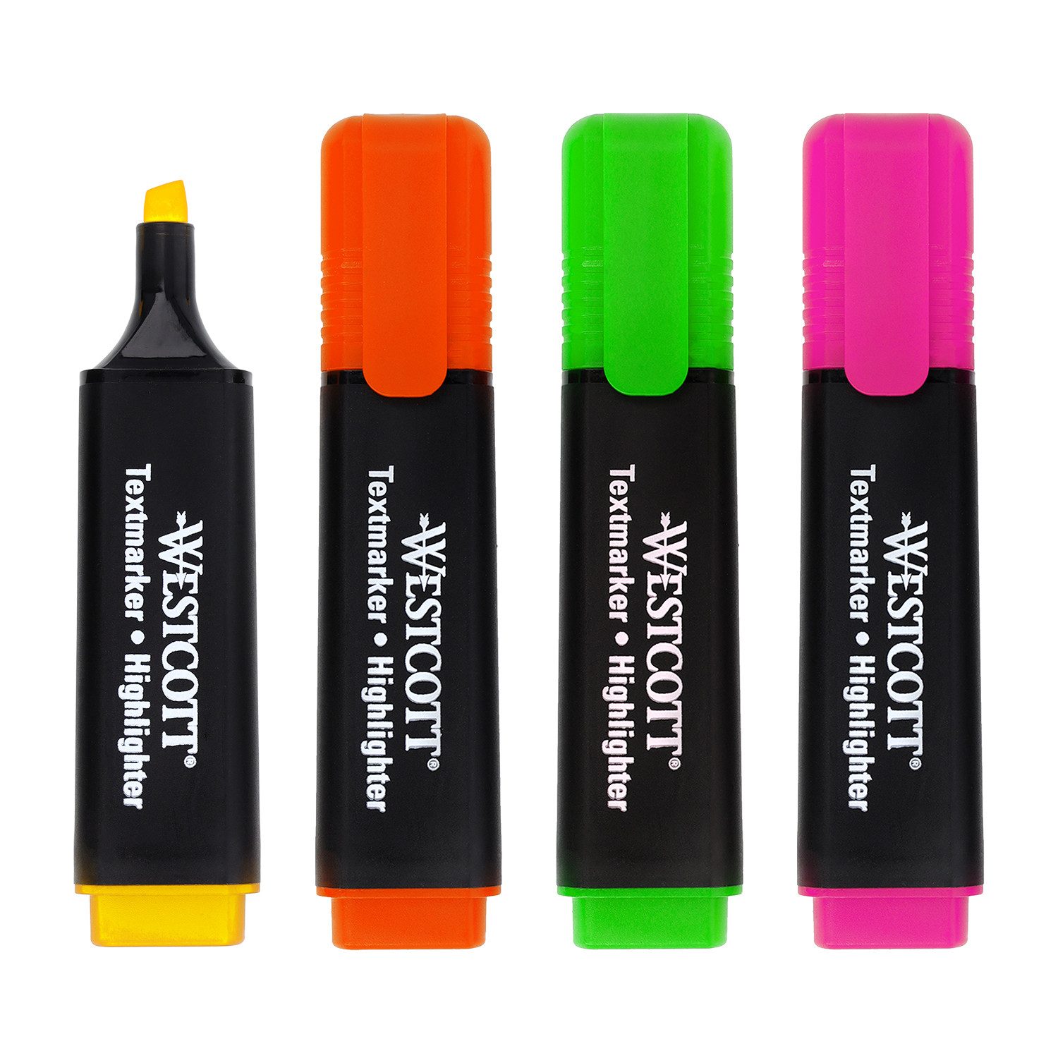WESTCOTT Marker Textmarker 4 Stück Mix, Highlighter in 4 leuchtenden Farben, (Vorteilspack, 4-tlg., Grün, Gelb, Orange, Pink), 2-5 mm Strichstärke, Premium Tinte aus Deutschland
