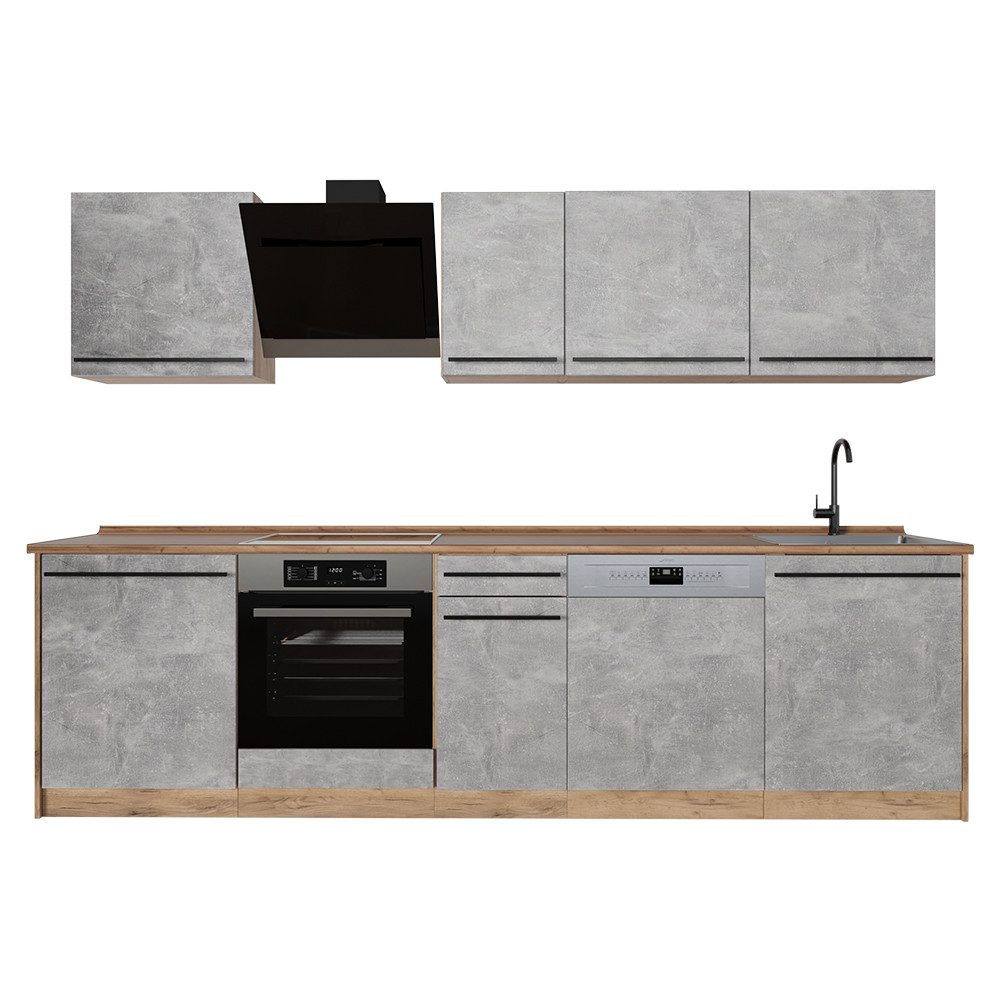 Vicco Küchenzeile R-Line, Beton/Goldkraft Eiche, 280 cm Arbeitsplatte Goldkraft Eiche