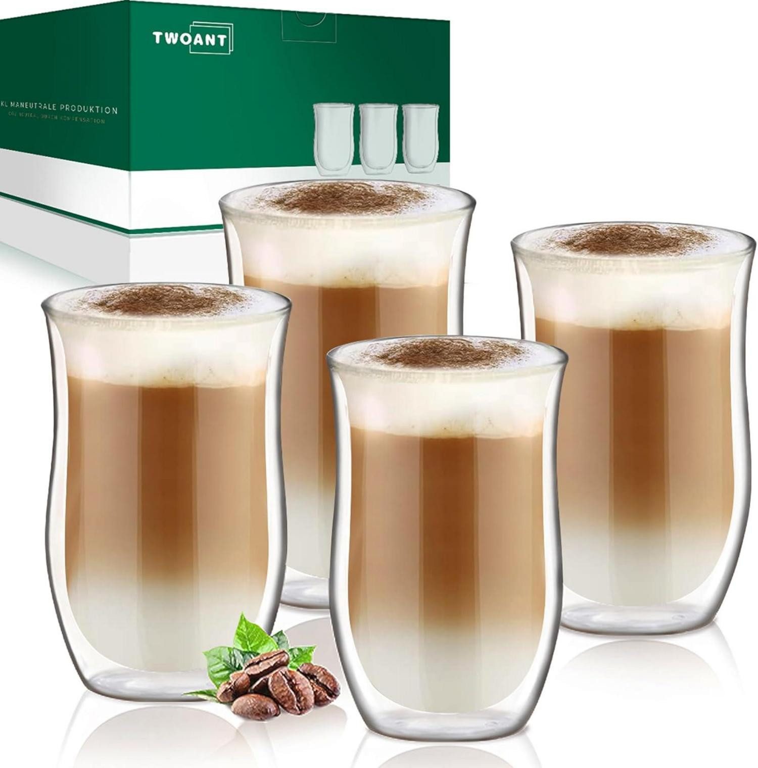 Latte-Macchiato-Glas Doppelwandige Latte Macchiato Gläser 4 x 350ml Set Handgemachtes