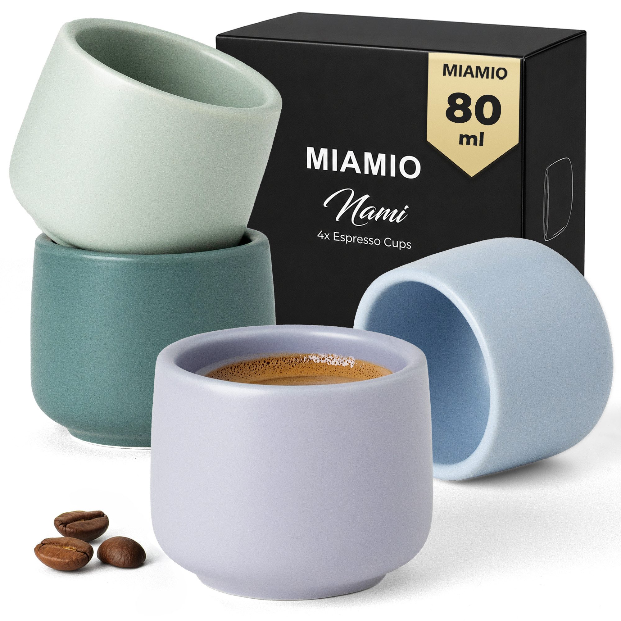 MiaMio Espressotasse Nami ohne Henkel, 80 ml, Pastel Coast Bunt, 4-tlg., Keramik, Ristretto & Doppio, henkellos, modern