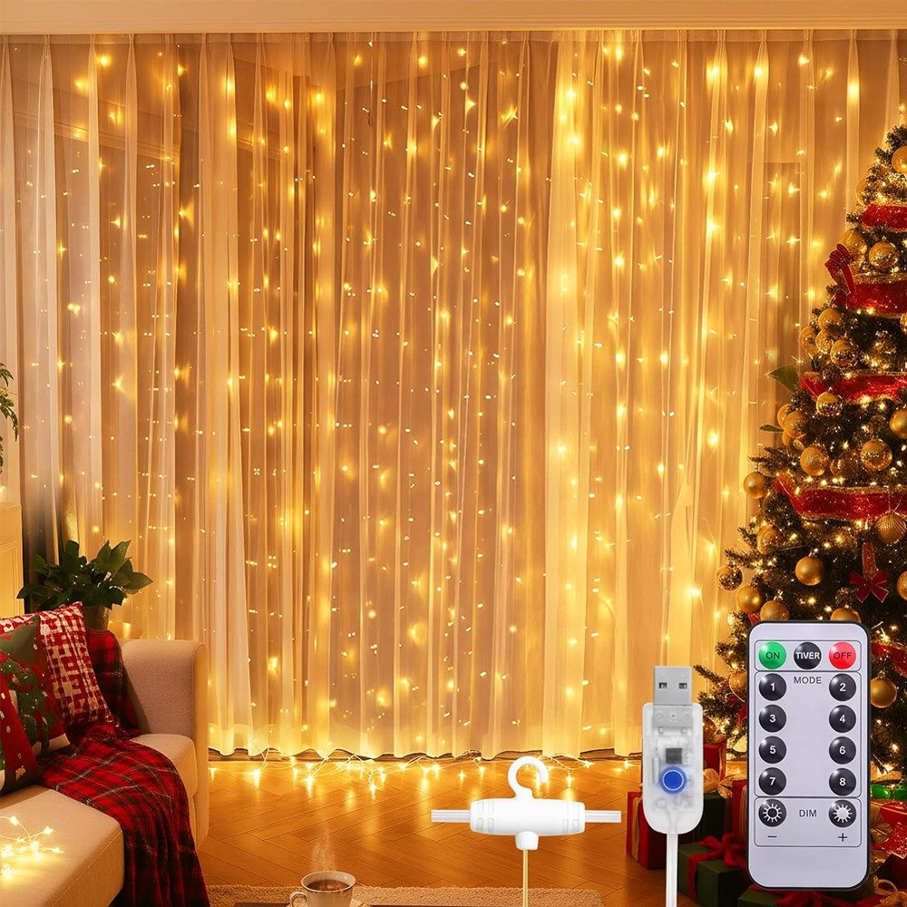 TUWENA LED-Lichterkette Lichtervorhang 3x3m LED Lichterkette, 300 LED Lichterketten mit 8 Modi