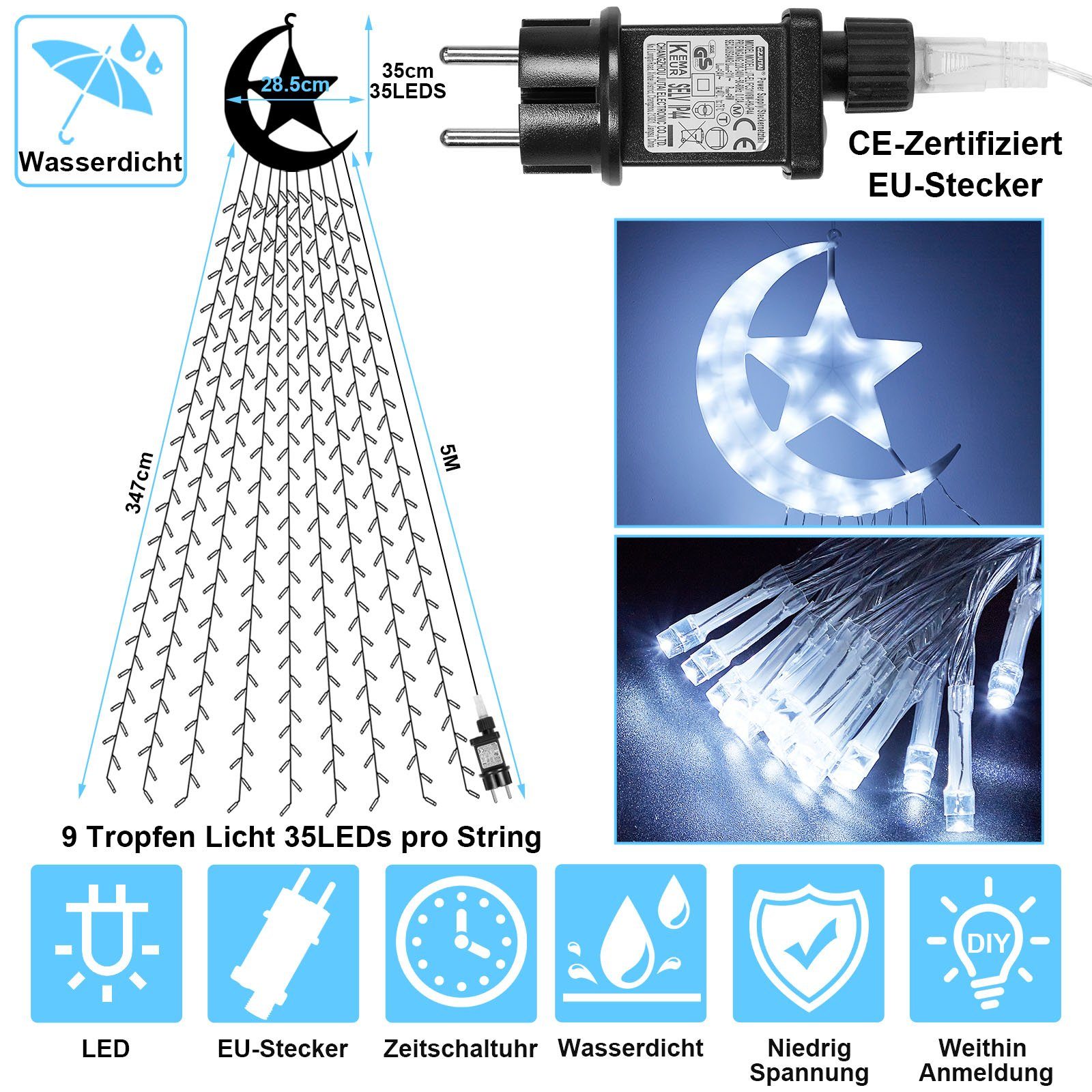 Memory & IP44 LED-Lichtervorhang Lichterkette, und Timer Lichterkette,31V,350LED Modi Wasserdicht MUPOO LED-Lichtervorhang,Party Weiß Funktion,8