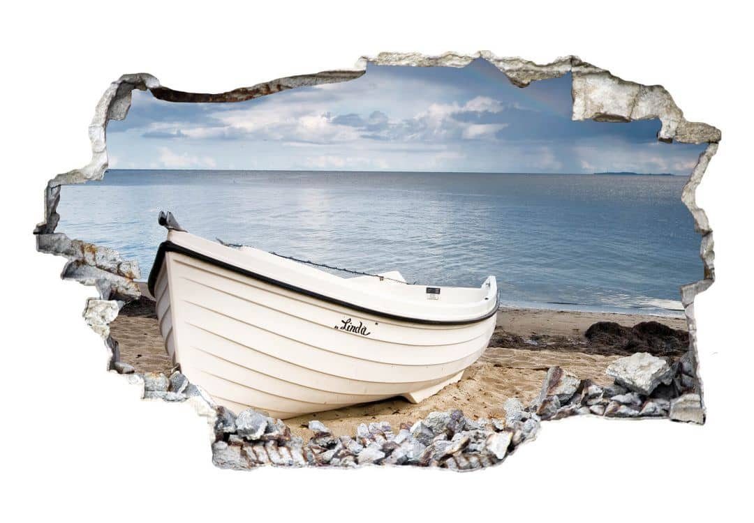 K&L Wall Art Wandtattoo 3D Aufkleber Maritime Küste Shabby Chic Fischerboot Strandidyll, Mauerdurchbruch Wandbild selbstklebend