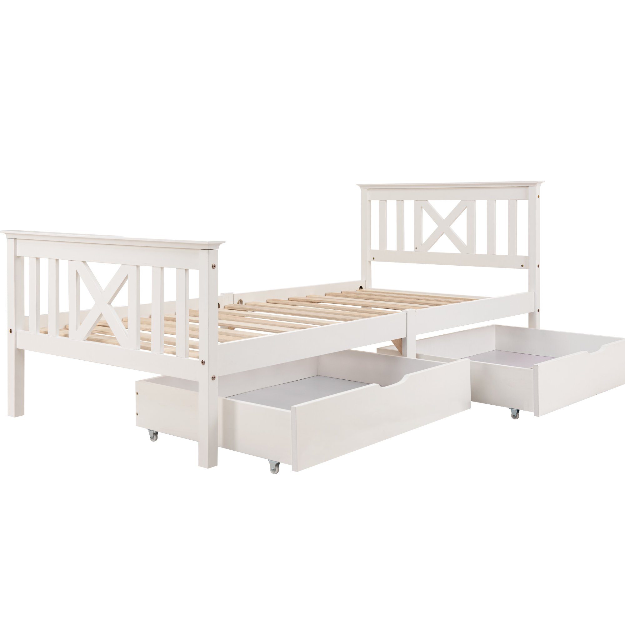 Massivholzbett, Einzelbett Holzbett mit 2 Schubladen, Lattenrost und Kopfteil 90x200cm