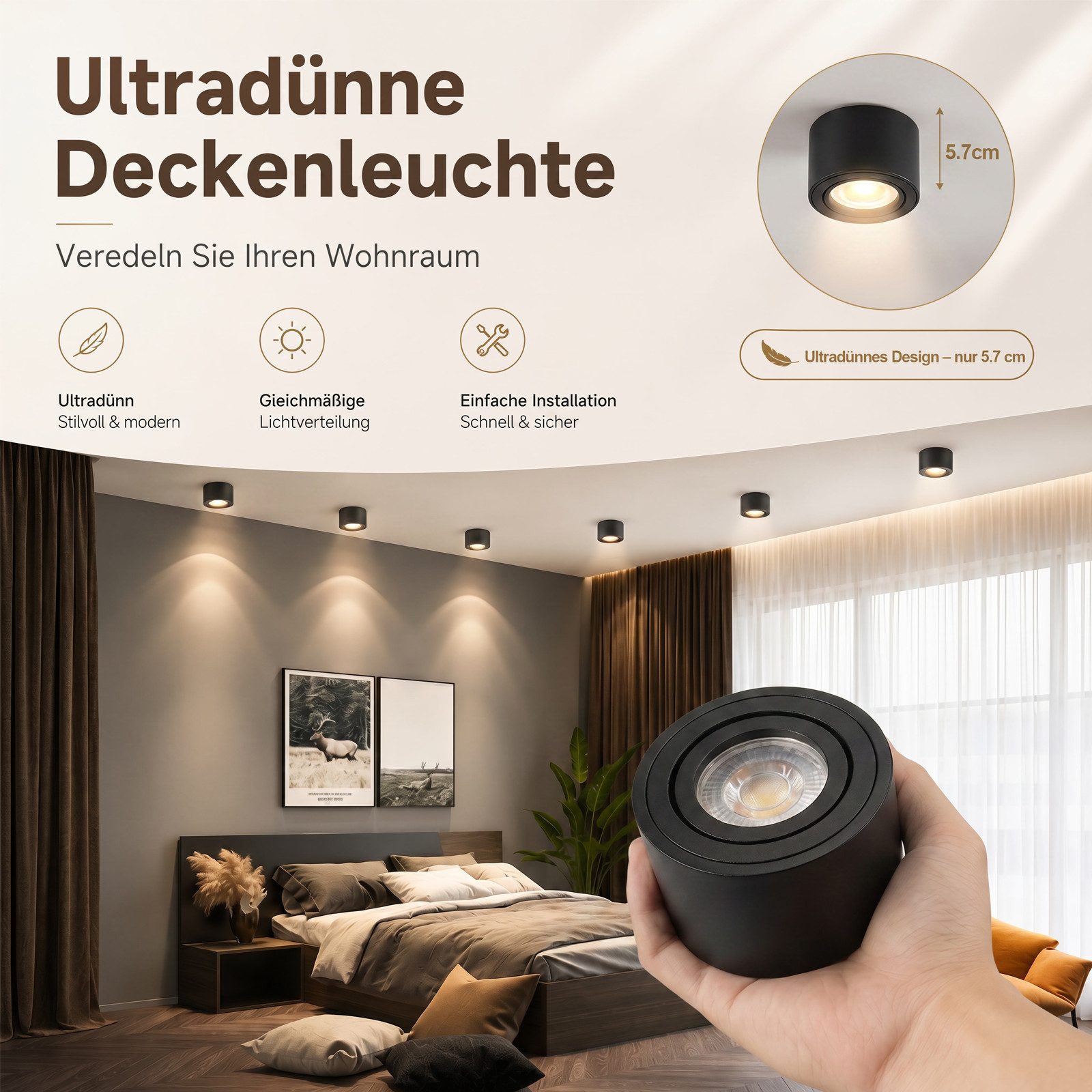 ZMH LED Einbaustrahler 4er-Set weiß 4W dimmbar schwenkbar Aufbauspot 3CCT Deckenspots, Schwenkbar, LED fest integriert, Aufputz-Deckenleuchte – Bild 5 von 5