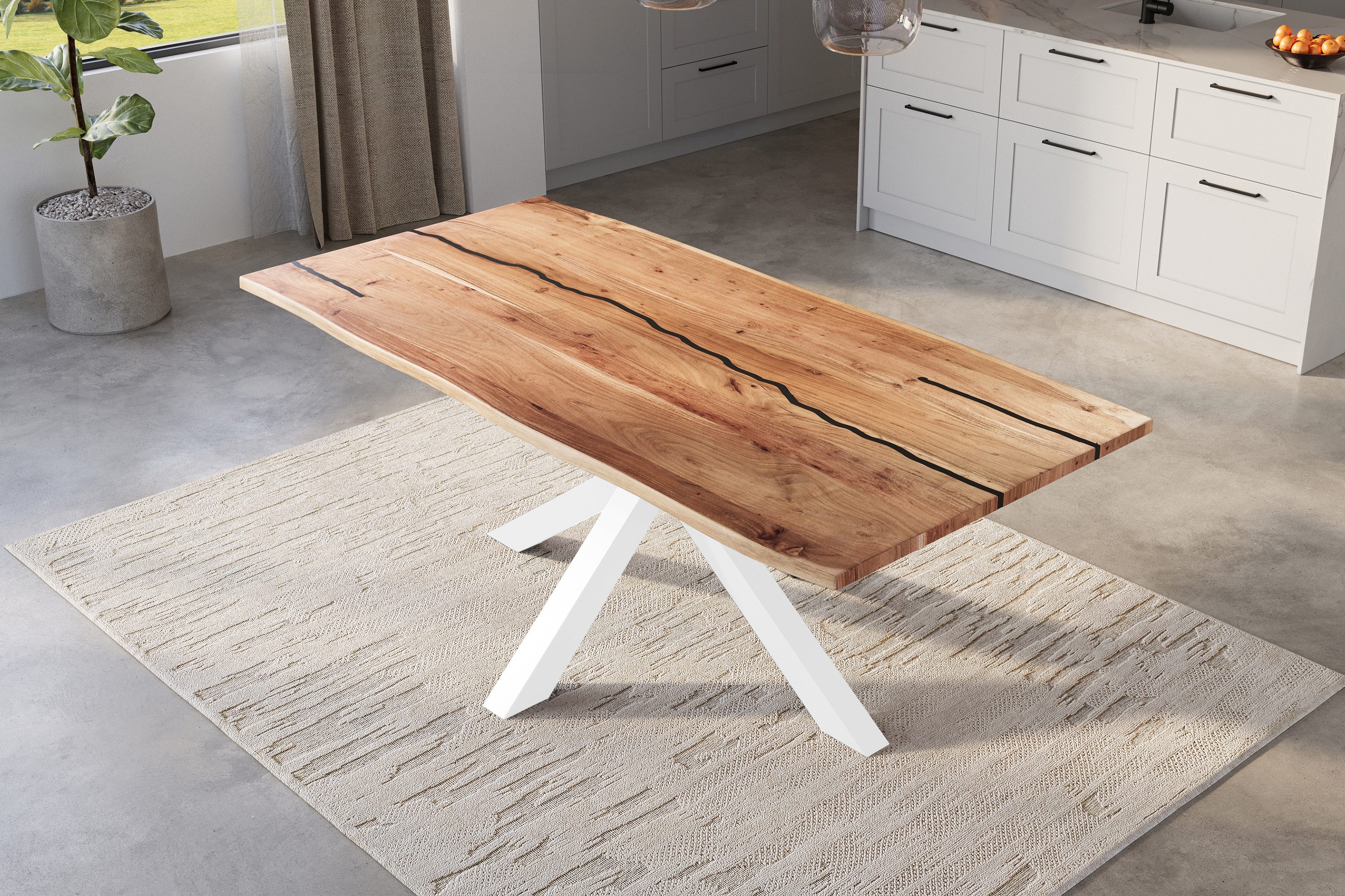 SAM® Baumkantentisch Daisy, Akazienholz, Baumkante, schwarze Resin-Adern, Metallgestell