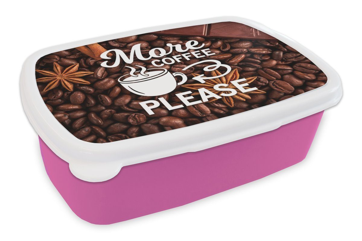 MuchoWow Lunchbox Zitate - Sprichwörter - Mehr Kaffee bitte - Kaffee, Kunststoff, (2-tlg), Brotbox für Erwachsene, Brotdose Kinder, Snackbox, Mädchen, Kunststoff rosa